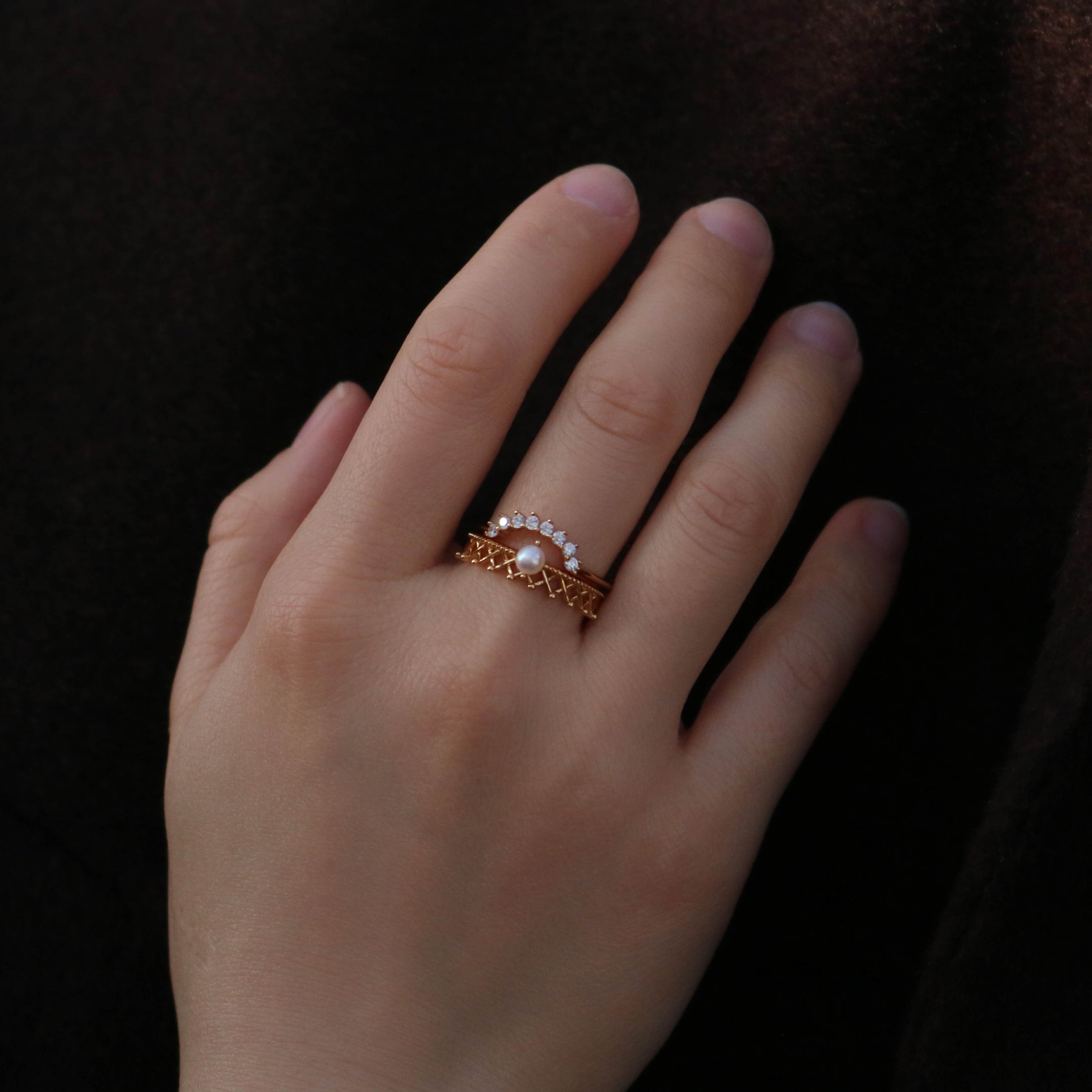 Arch Band Ring and Pearl Crown Ring