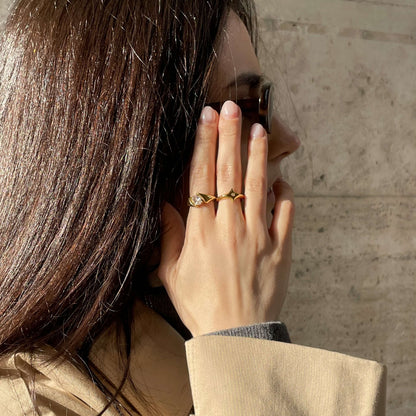 Waterproof Oval Bypass Wrap Ring in Gold, 18k gold-plated stainless steel