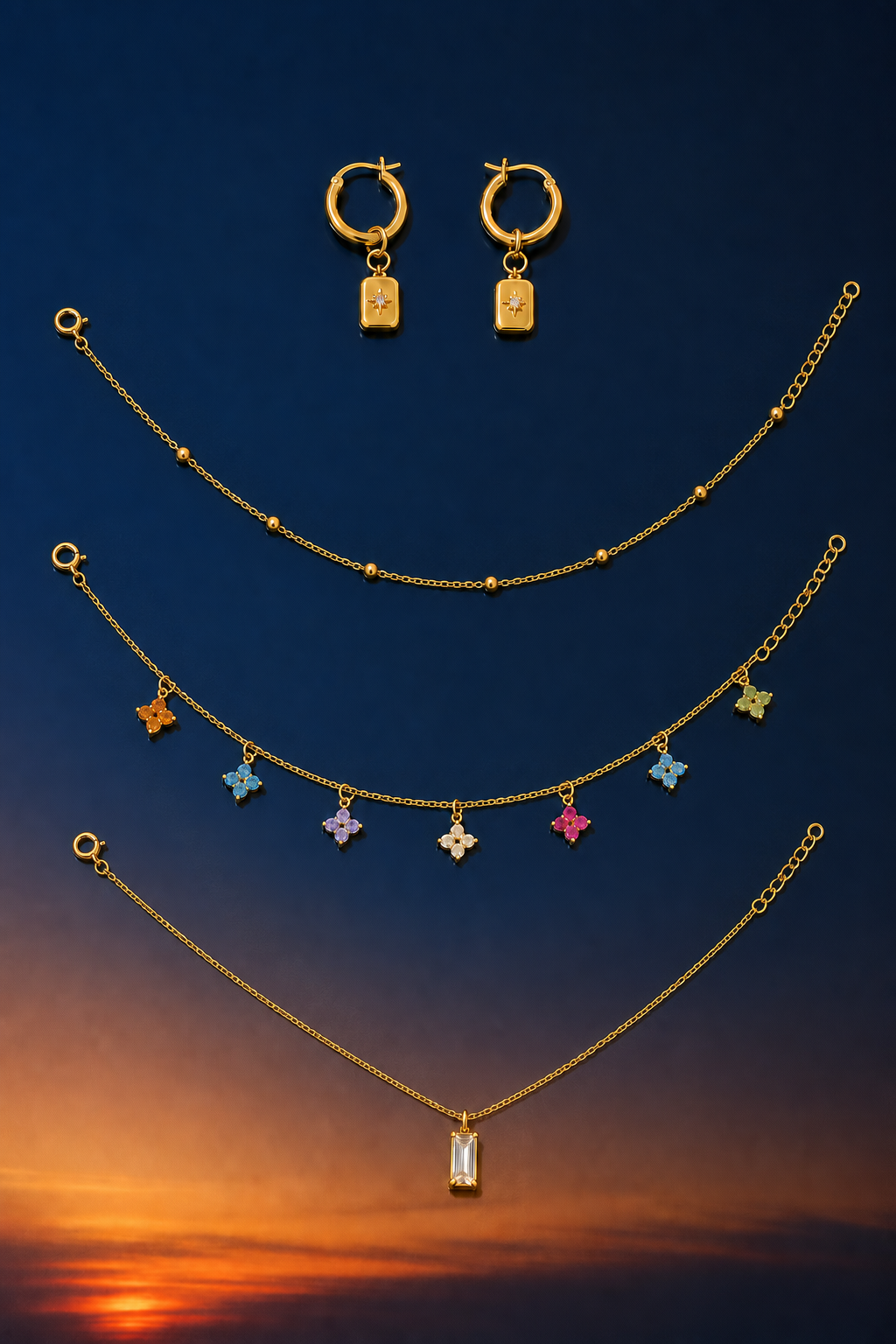 Aurora Hour Stack jewelry set — flat lay