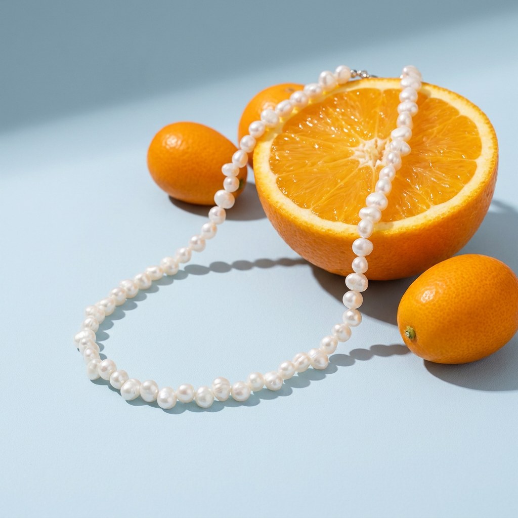 Baroque Pearl Necklace on a pale blue backdrop beside a halved orange and two kumquats
