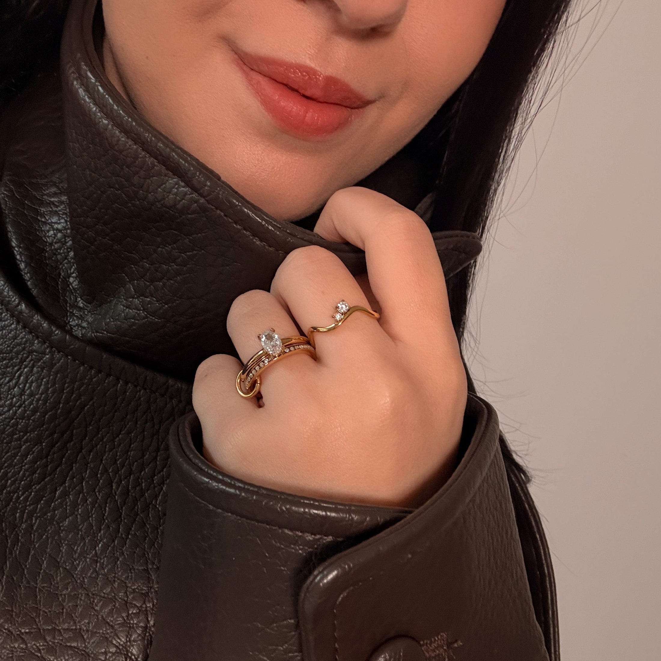 Oval Pave Duo Ring Set, waterproof 18k gold-plated stainless steel