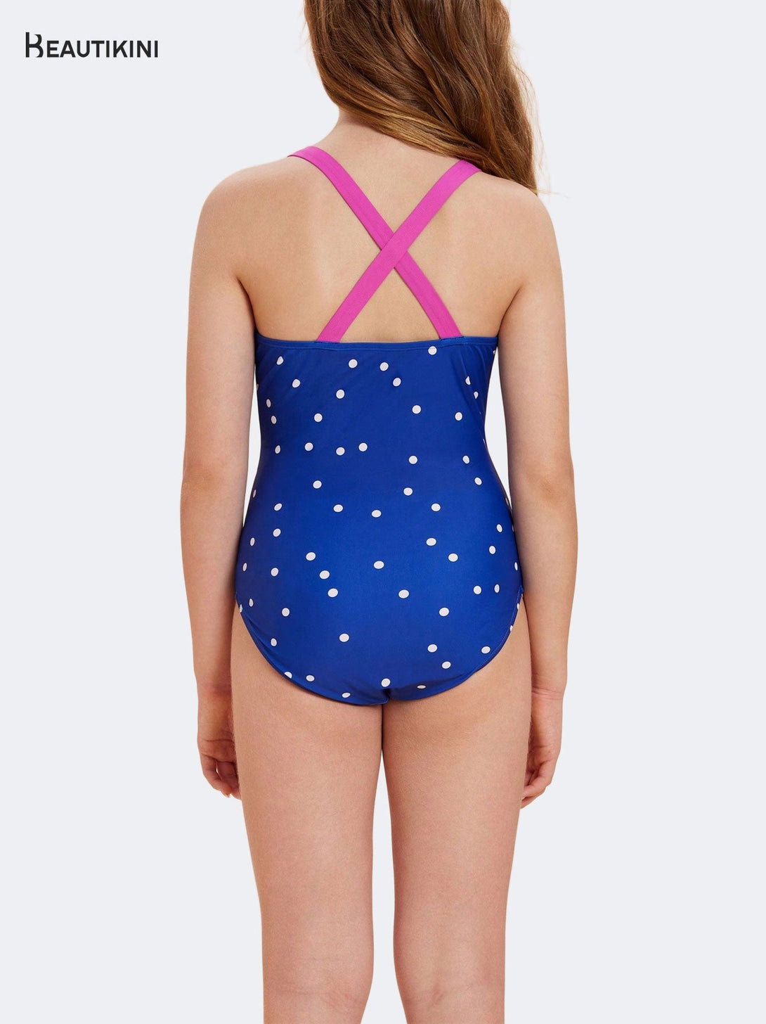 BEAUTIKINI: Blue with White Dots Meets Pink Straps Swimsuit - Stylr