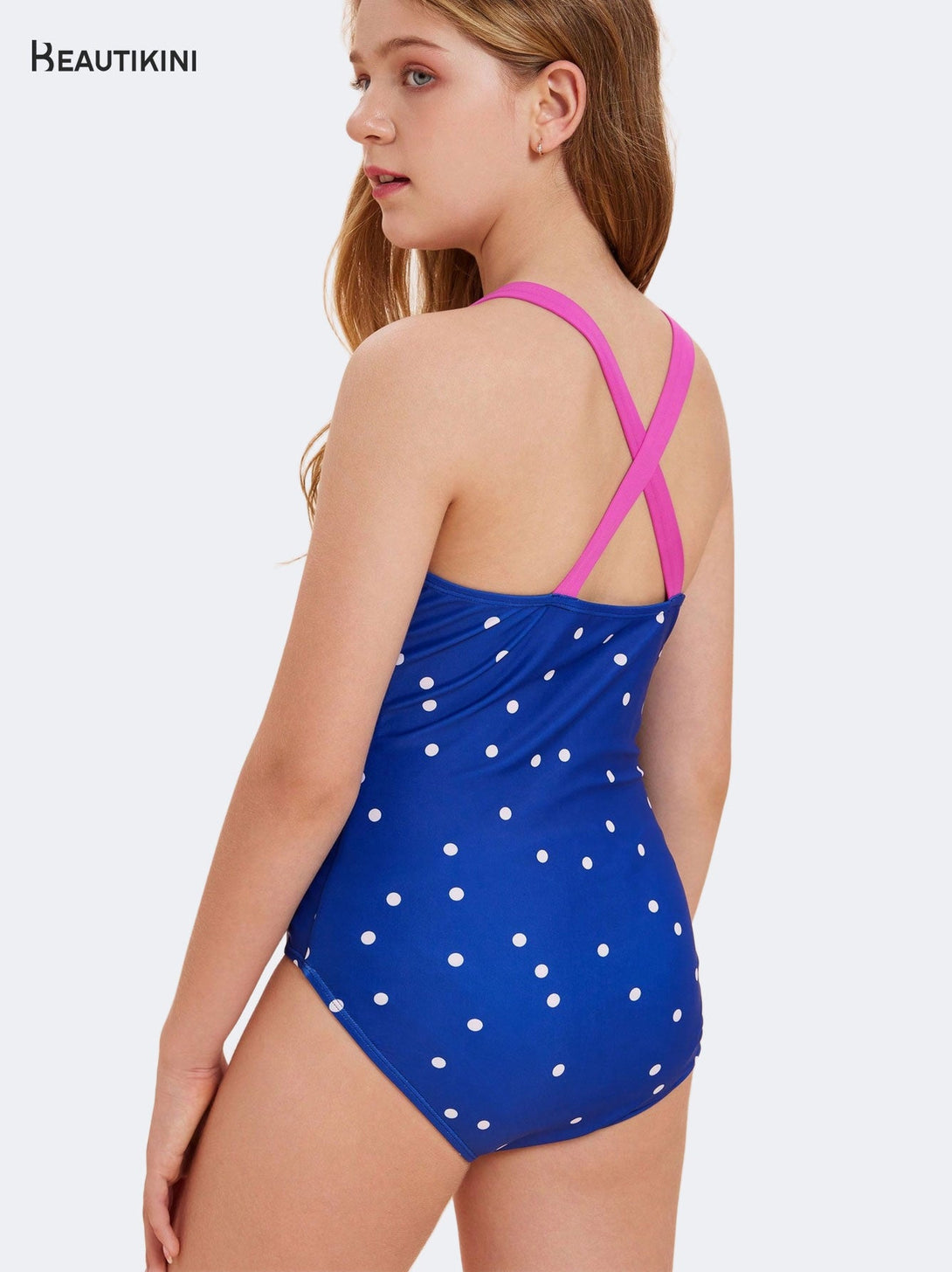 BEAUTIKINI: Blue with White Dots Meets Pink Straps Swimsuit - Stylr