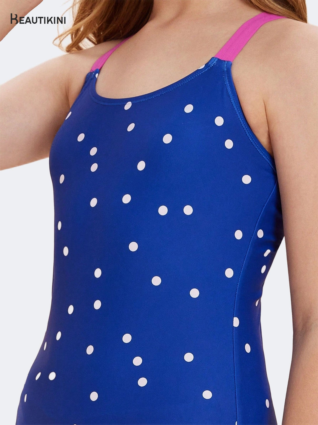 BEAUTIKINI: Blue with White Dots Meets Pink Straps Swimsuit - Stylr
