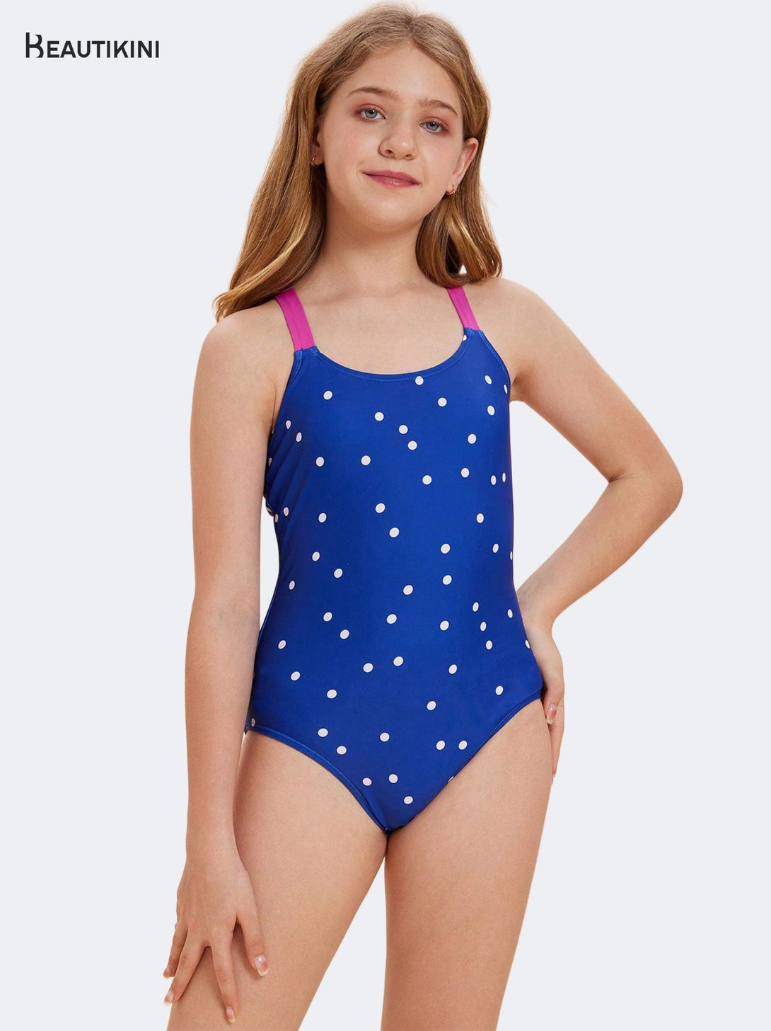 BEAUTIKINI: Blue with White Dots Meets Pink Straps Swimsuit - Stylr