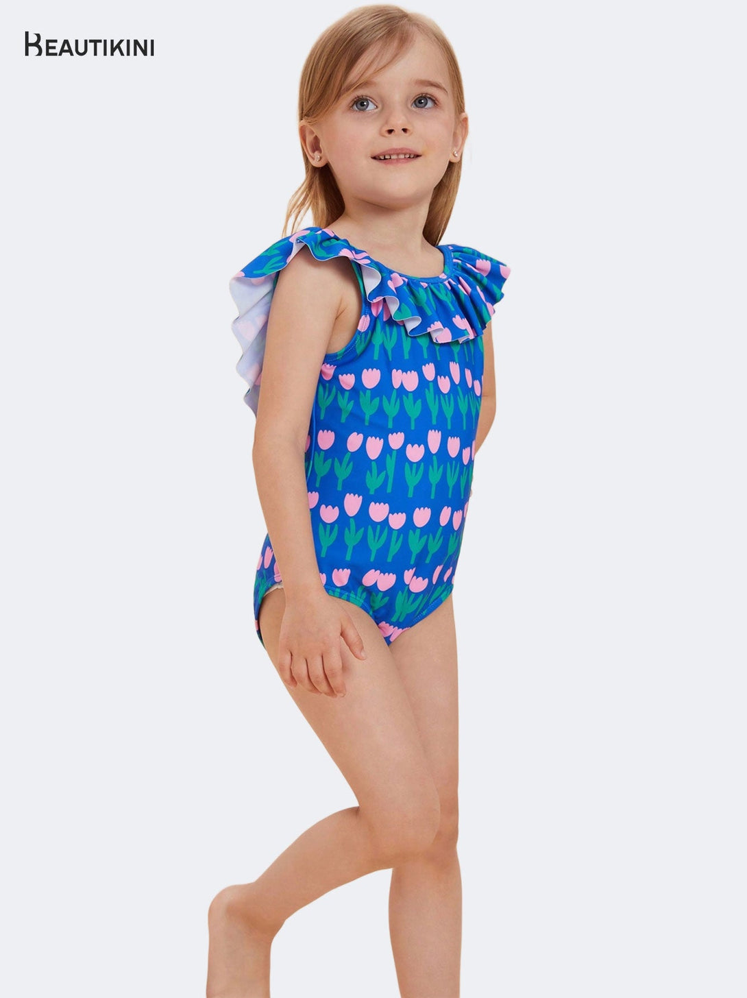 BEAUTIKINI Girls' Blue Tulip - Print Ruffled One - piece Swimsuit - Stylr