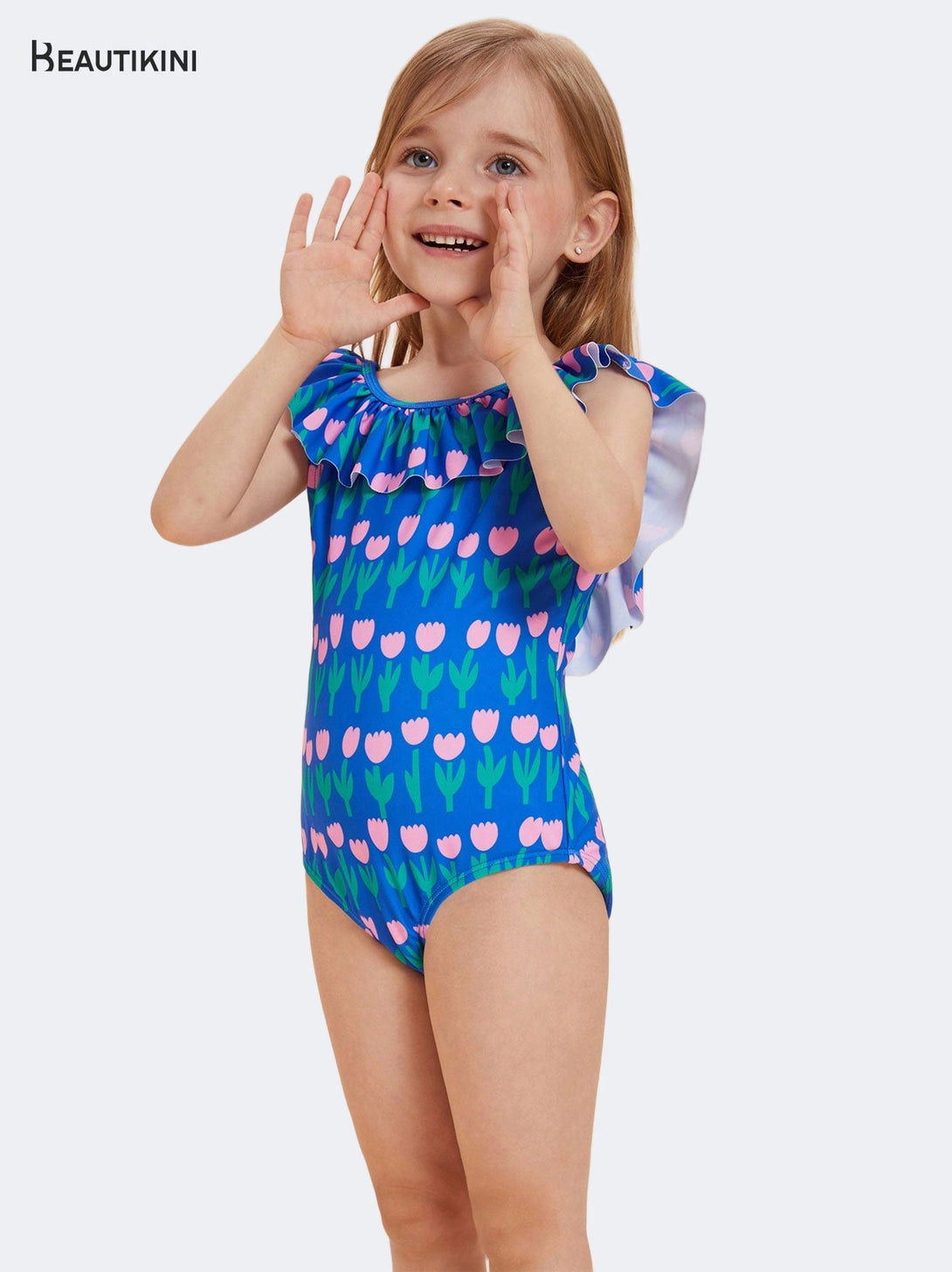 BEAUTIKINI Girls' Blue Tulip - Print Ruffled One - piece Swimsuit - Stylr