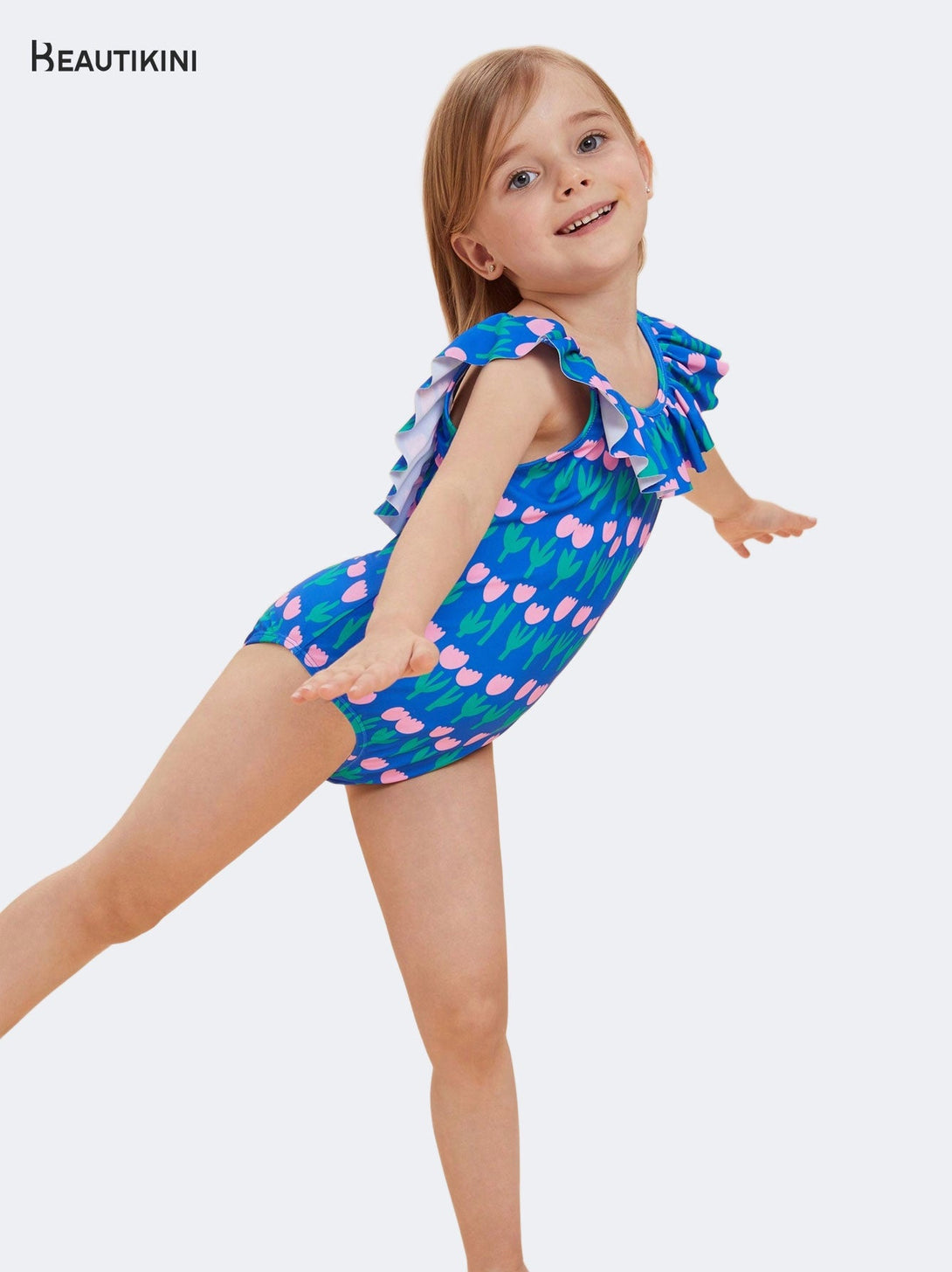 BEAUTIKINI Girls' Blue Tulip - Print Ruffled One - piece Swimsuit - Stylr
