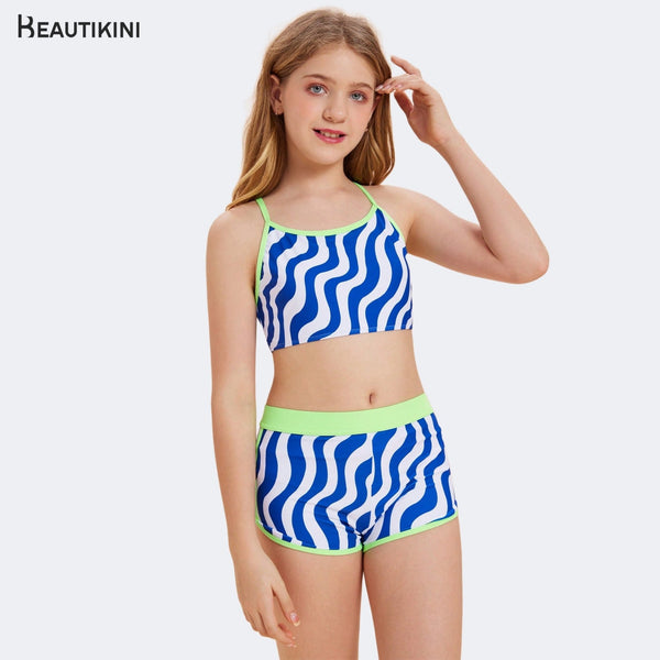 BEAUTIKINI Girls' Blue - White Wavy Two - piece Swimsuit - Stylr
