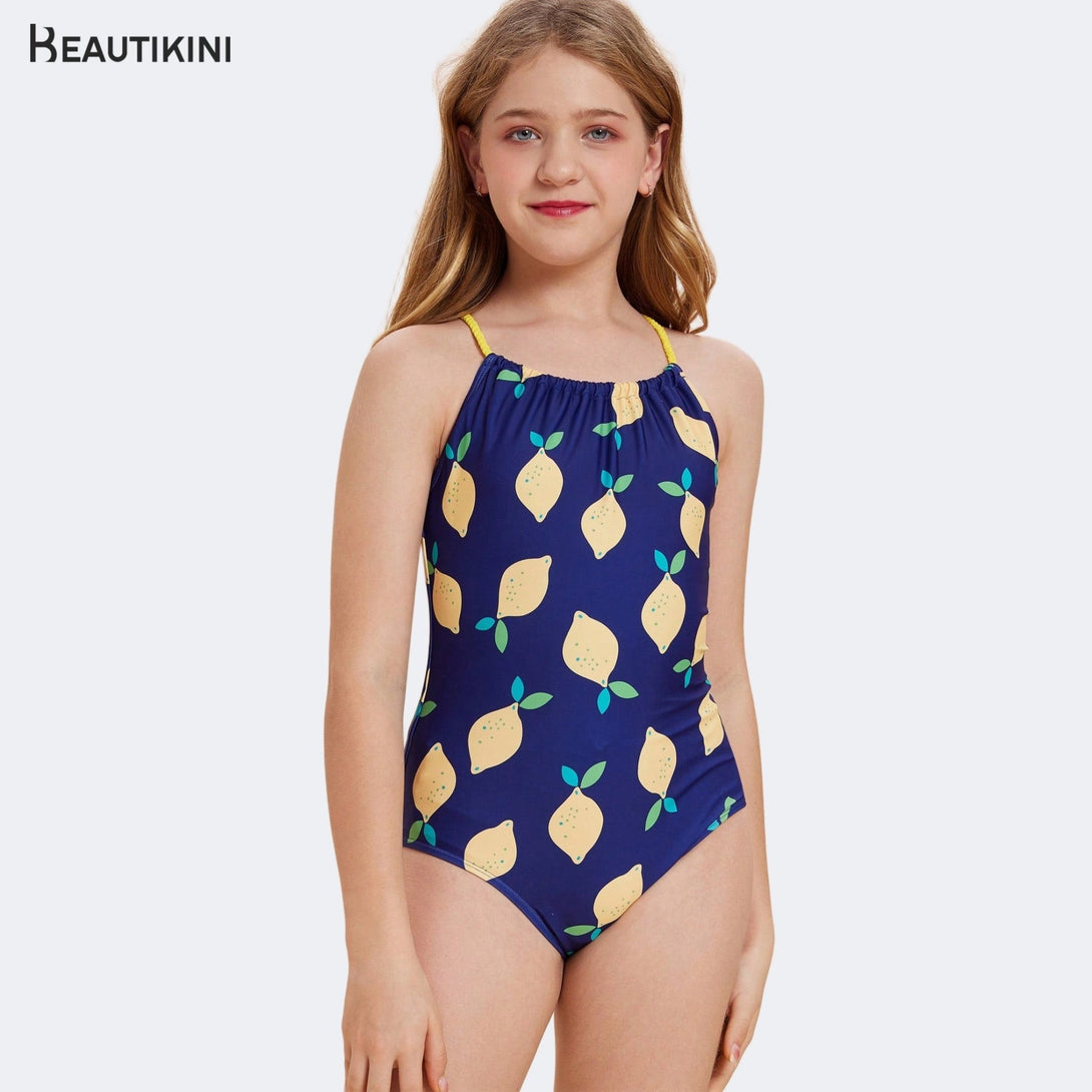 BEAUTIKINI Girls' Lemon - Print Crisscross - Strap One - piece Swimsuit - Stylr