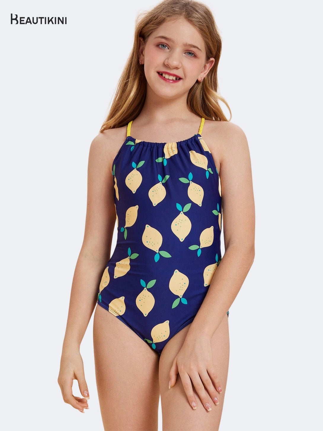BEAUTIKINI Girls' Lemon - Print Crisscross - Strap One - piece Swimsuit - Stylr