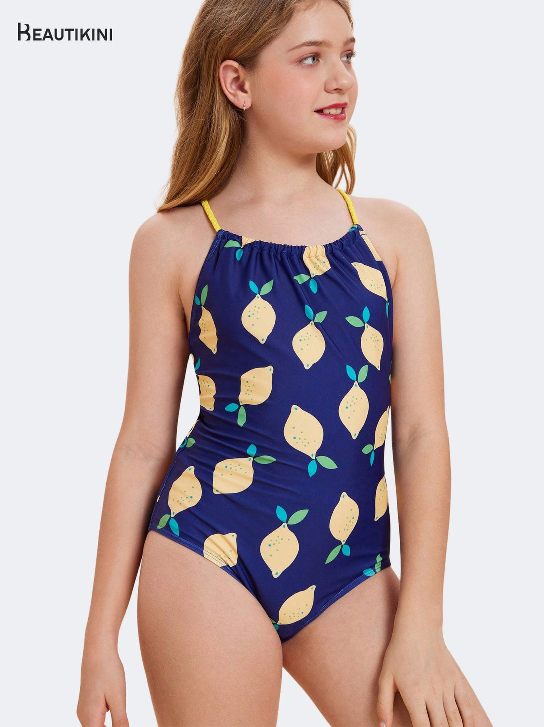 BEAUTIKINI Girls' Lemon - Print Crisscross - Strap One - piece Swimsuit - Stylr