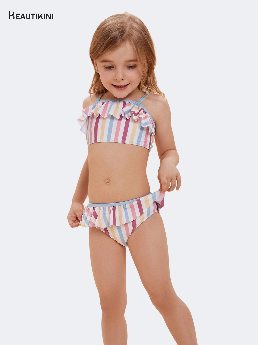 Beautikini Girls' Multicolored Striped Ruffled Bikini Set - Stylr
