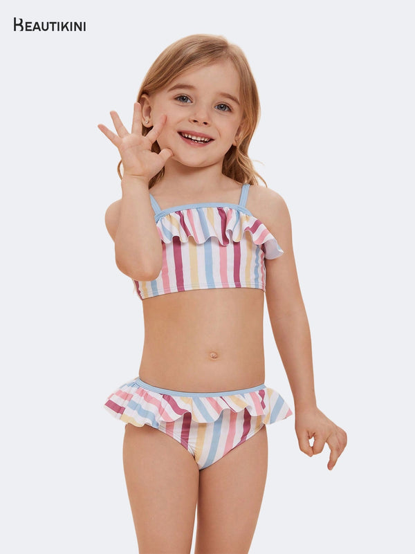 Beautikini Girls' Multicolored Striped Ruffled Bikini Set - Stylr