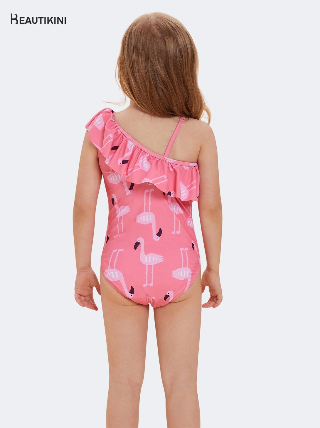 Beautikini Girls' Pink Flamingo - Print One - Shoulder Ruffled One - Piece Swimsuit - Stylr