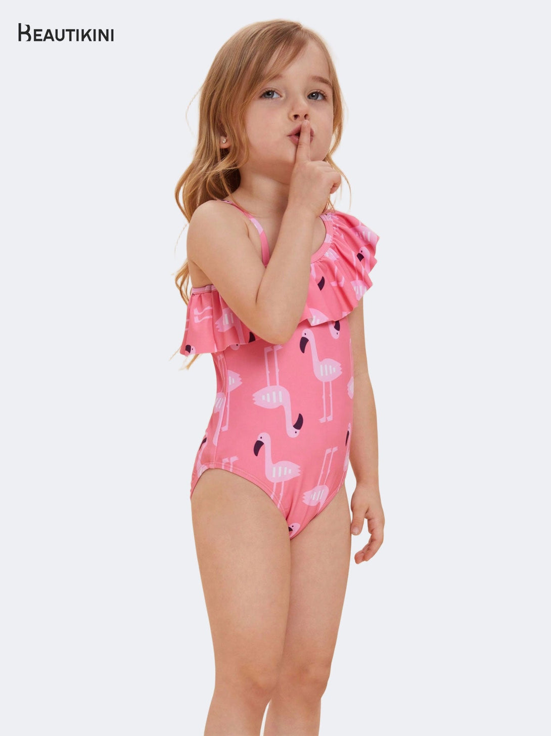 Beautikini Girls' Pink Flamingo - Print One - Shoulder Ruffled One - Piece Swimsuit - Stylr