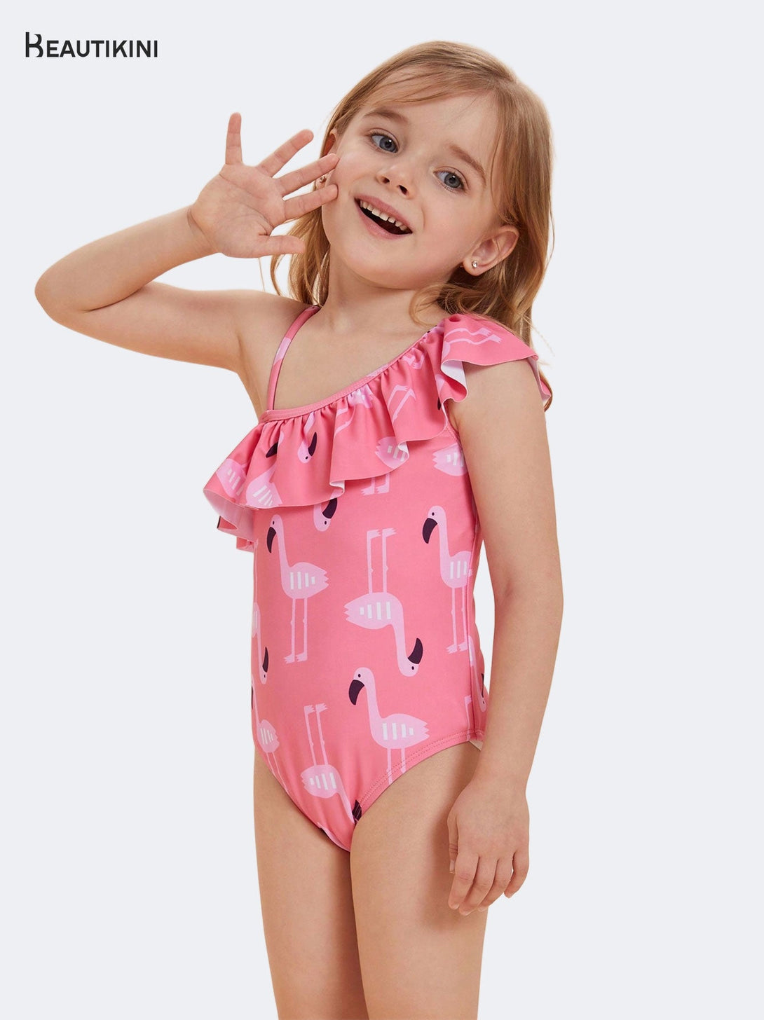 Beautikini Girls' Pink Flamingo - Print One - Shoulder Ruffled One - Piece Swimsuit - Stylr