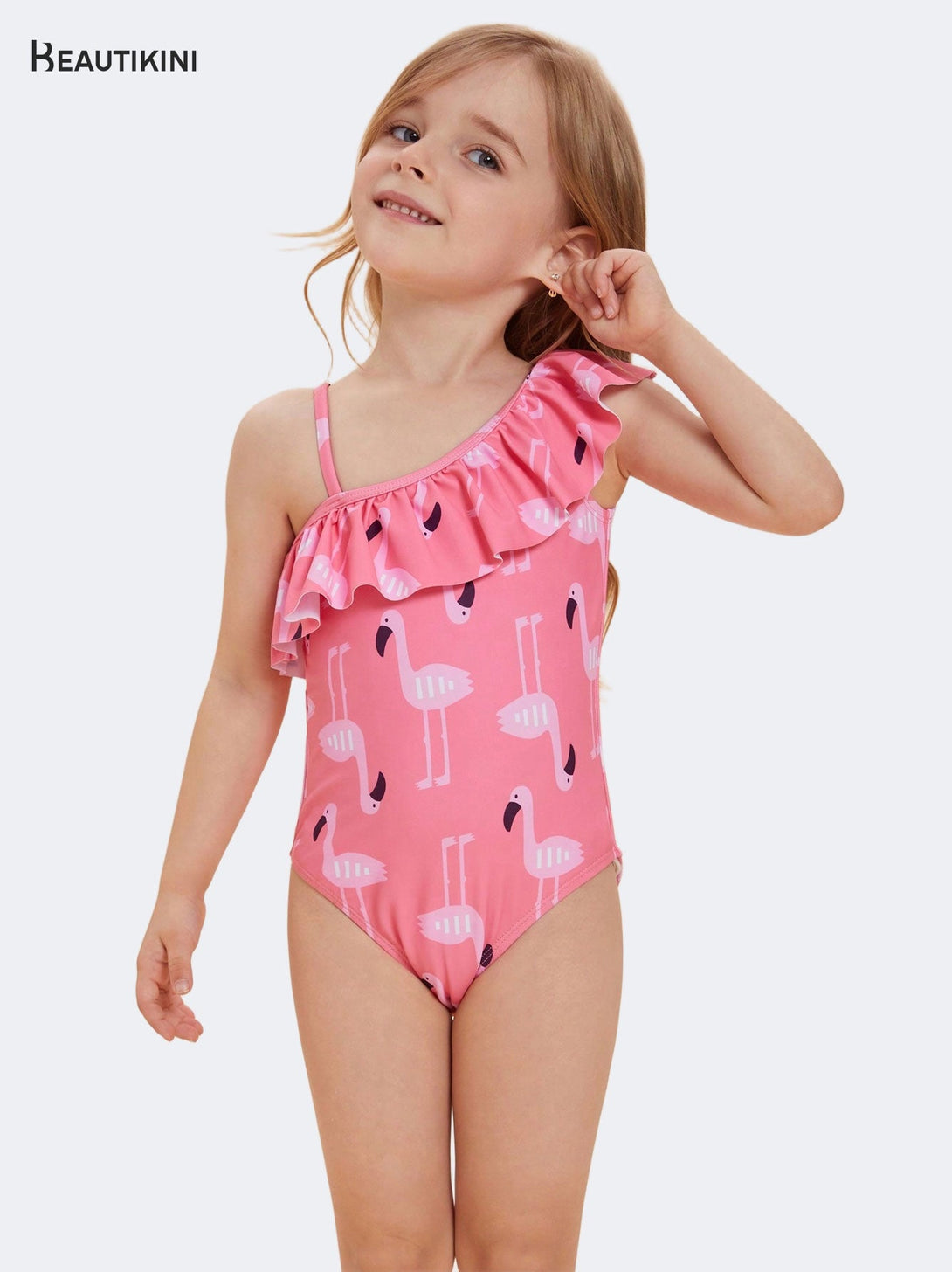 Beautikini Girls' Pink Flamingo - Print One - Shoulder Ruffled One - Piece Swimsuit - Stylr