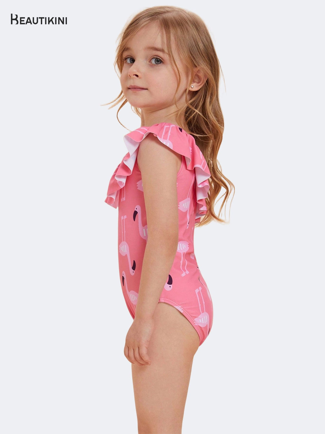 Beautikini Girls' Pink Flamingo - Print One - Shoulder Ruffled One - Piece Swimsuit - Stylr
