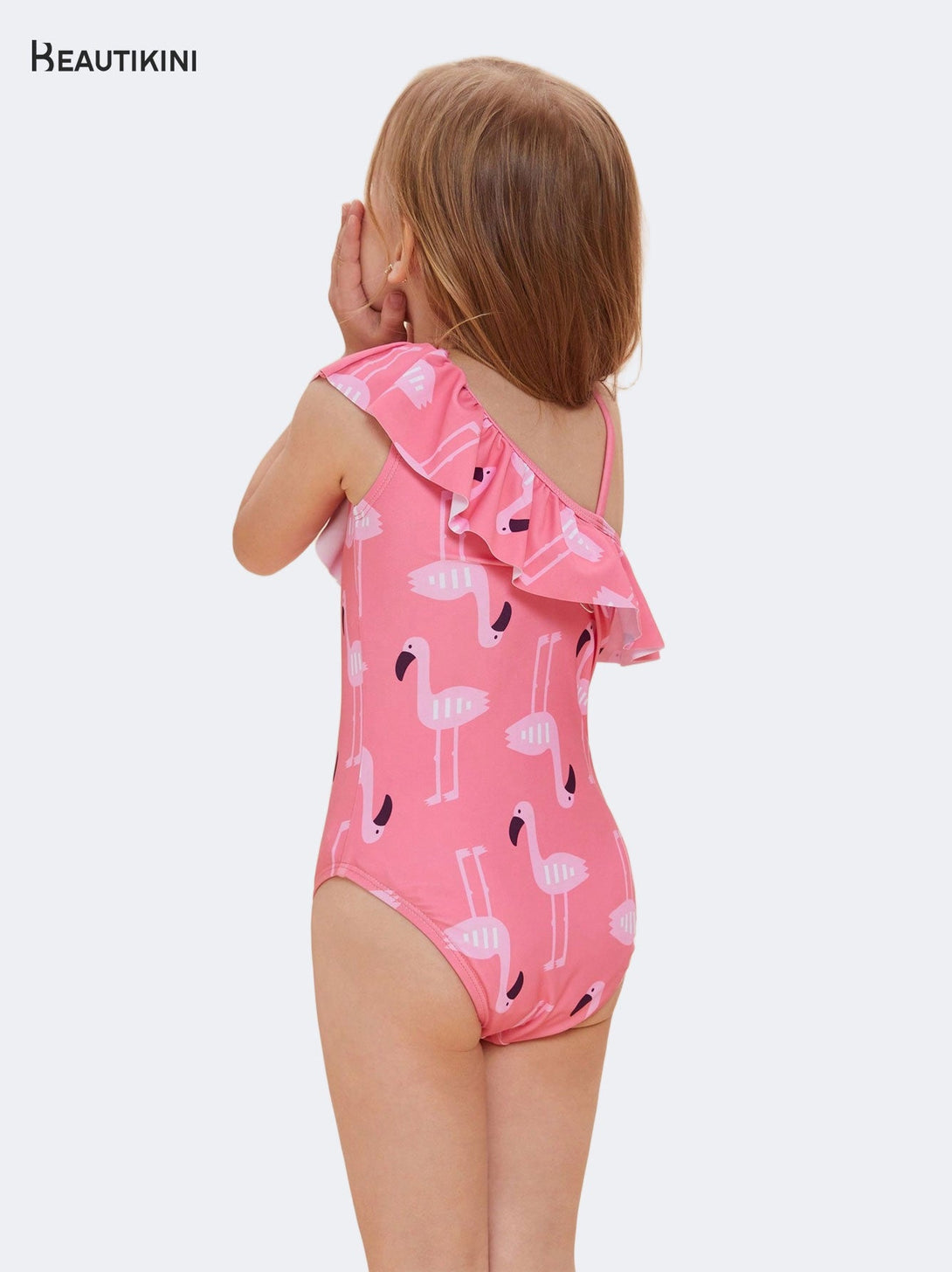 Beautikini Girls' Pink Flamingo - Print One - Shoulder Ruffled One - Piece Swimsuit - Stylr