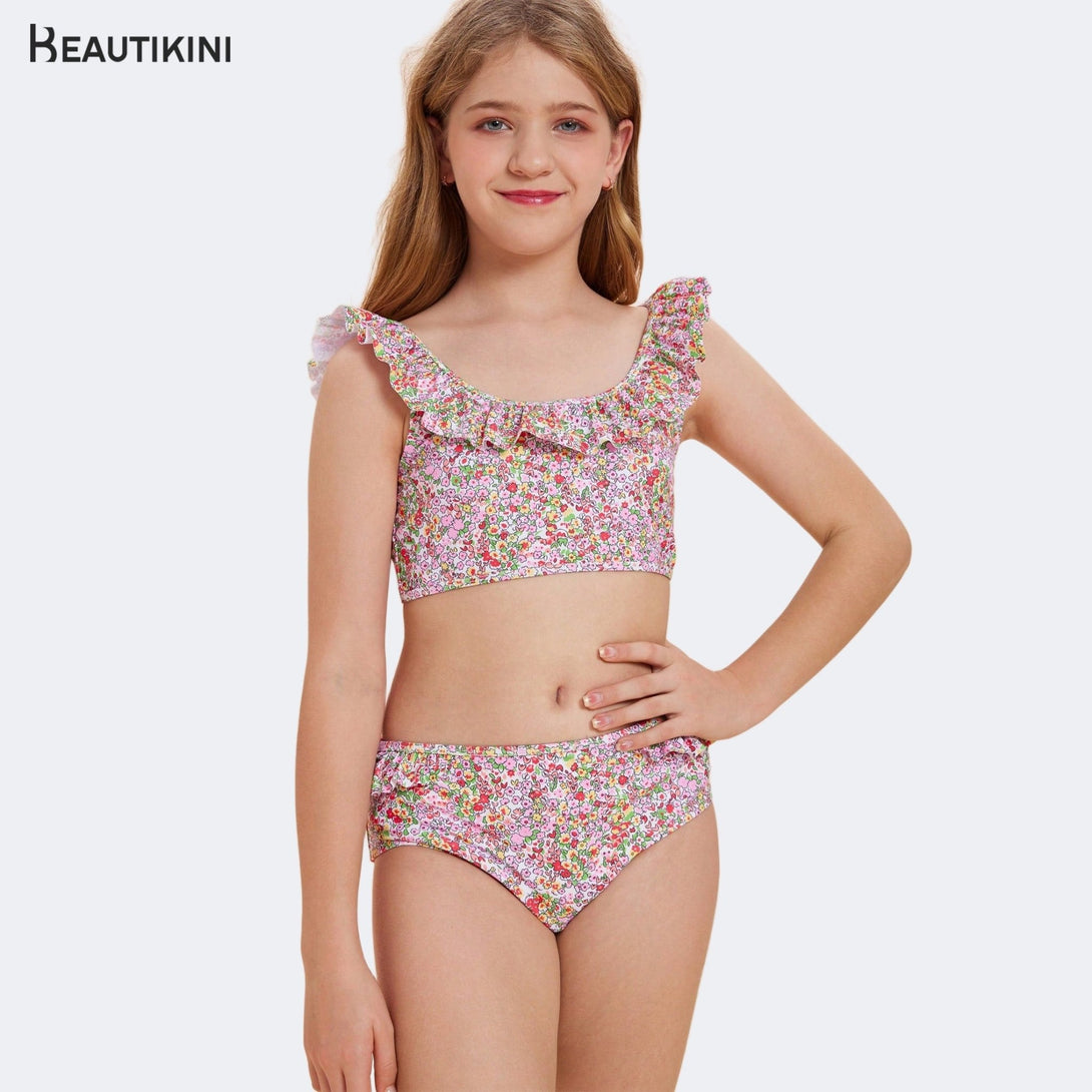 BEAUTIKINI Teenage Floral Ruffled Two - piece Swimsuit - Stylr