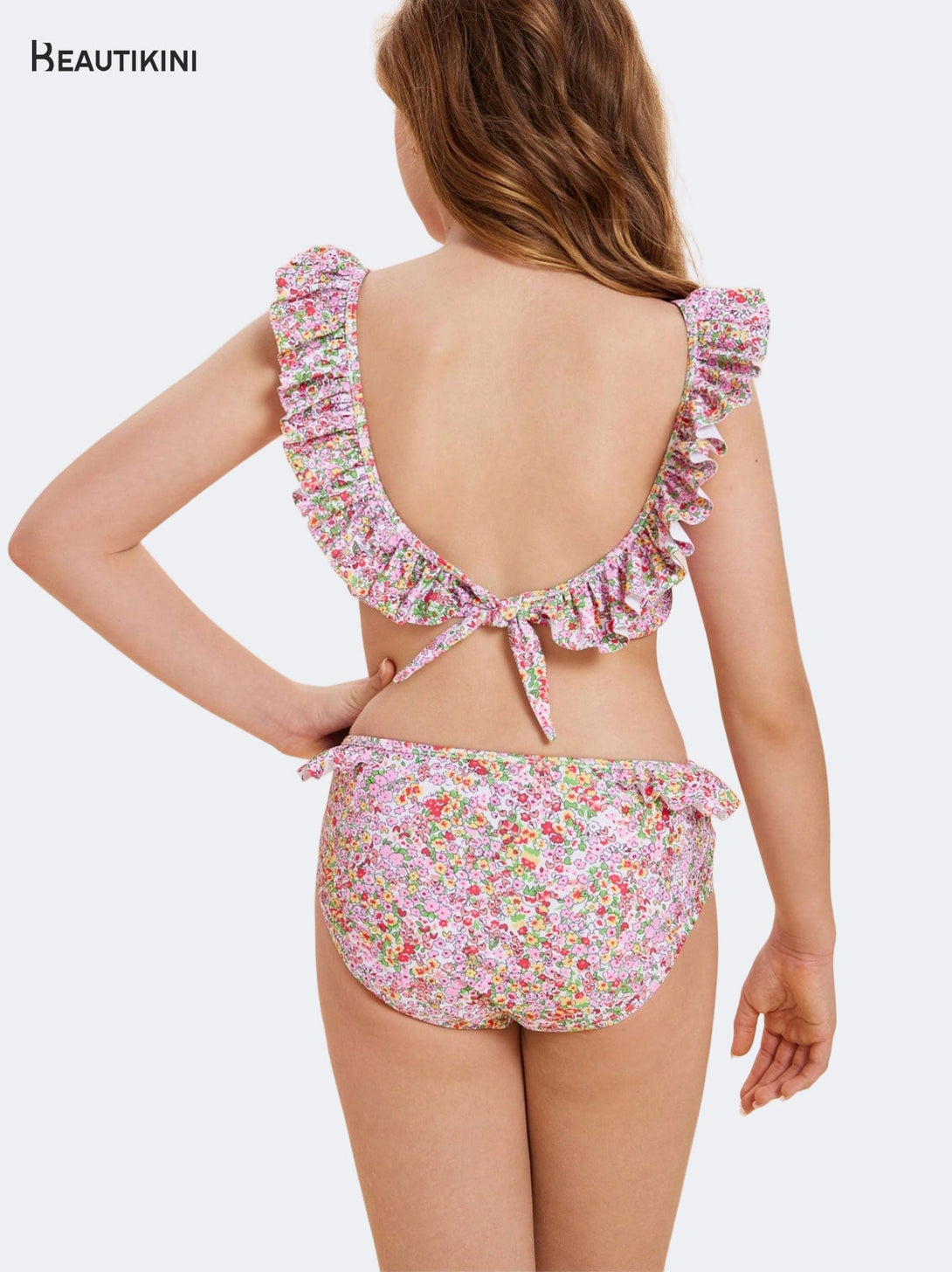 BEAUTIKINI Teenage Floral Ruffled Two - piece Swimsuit - Stylr