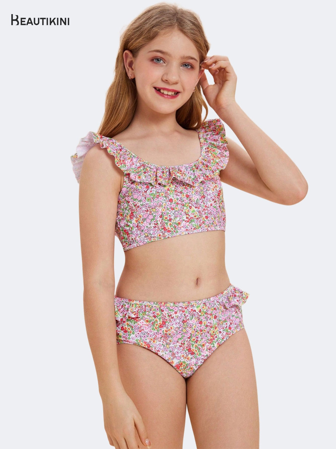 BEAUTIKINI Teenage Floral Ruffled Two - piece Swimsuit - Stylr