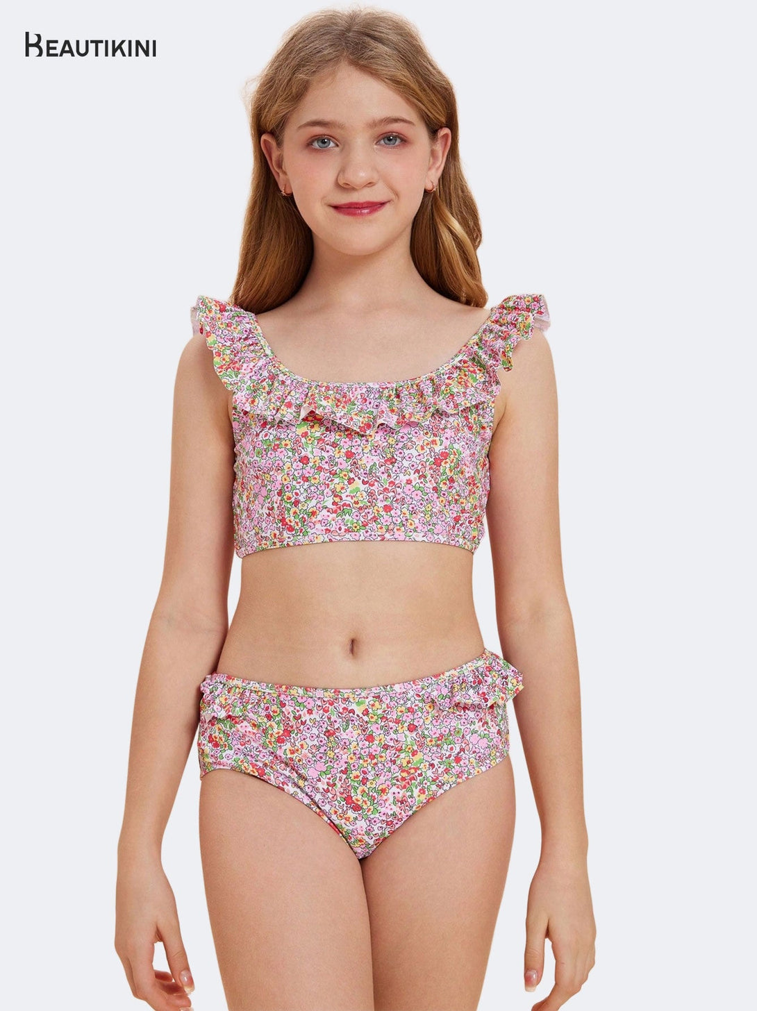 BEAUTIKINI Teenage Floral Ruffled Two - piece Swimsuit - Stylr
