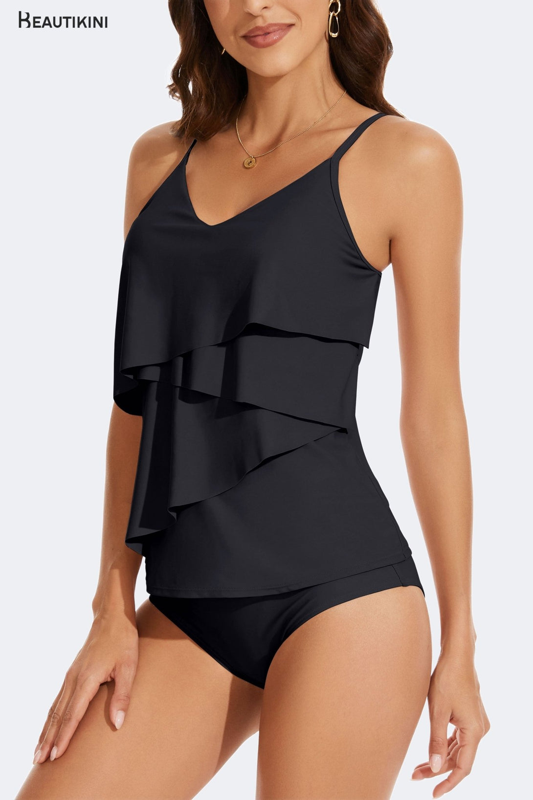 BEAUTIKINI Women's Black Ruffled Tankini Set - Stylr