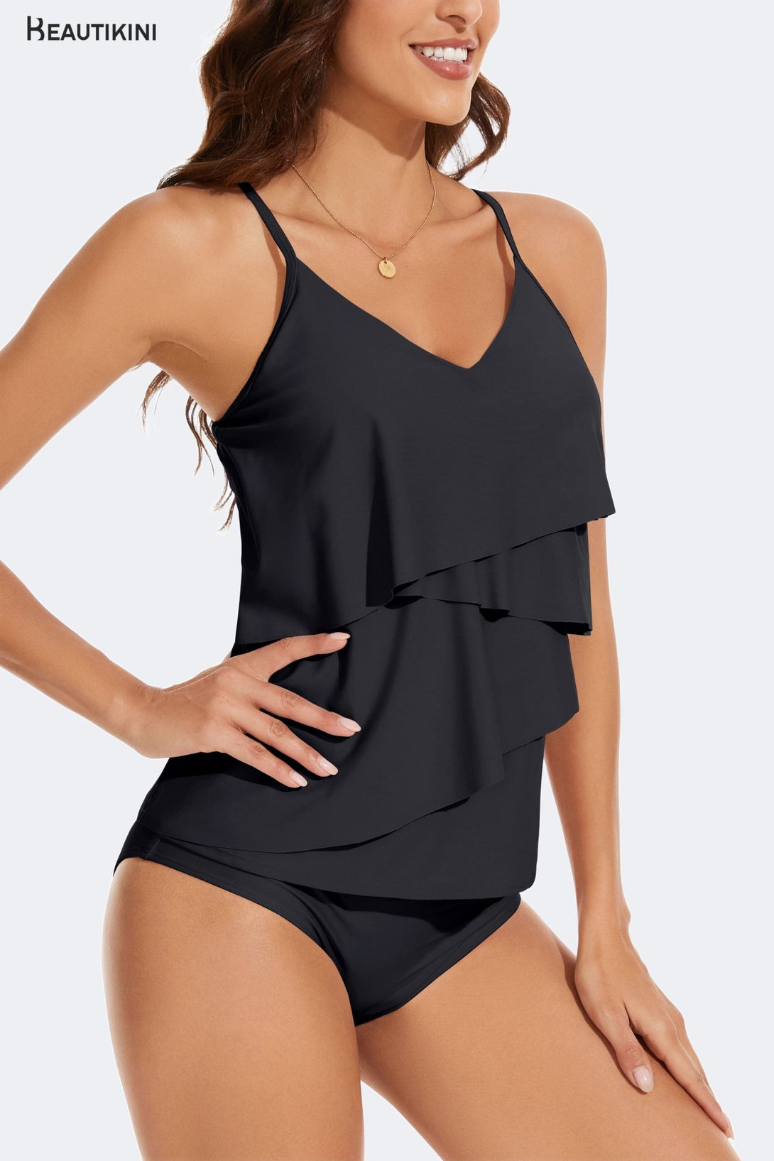 BEAUTIKINI Women's Black Ruffled Tankini Set - Stylr