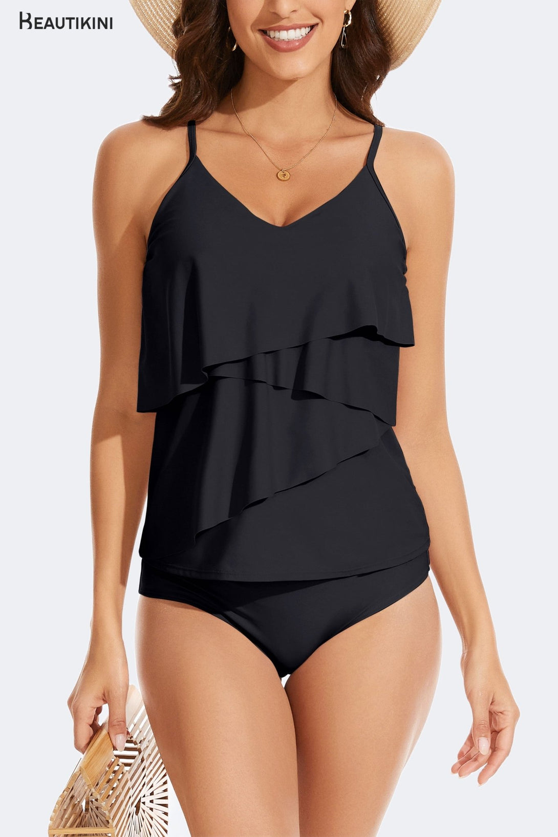 BEAUTIKINI Women's Black Ruffled Tankini Set - Stylr