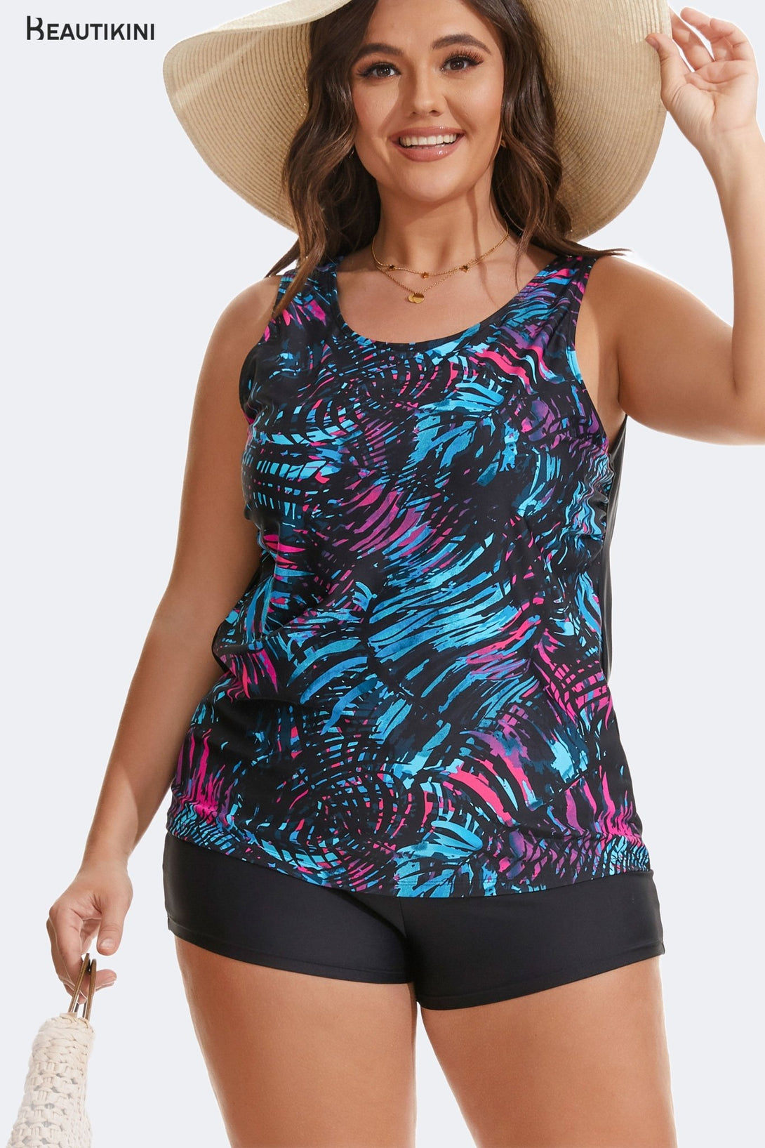 BEAUTIKINI Women's Colorful Tankini Set with Black Shorts - Stylr