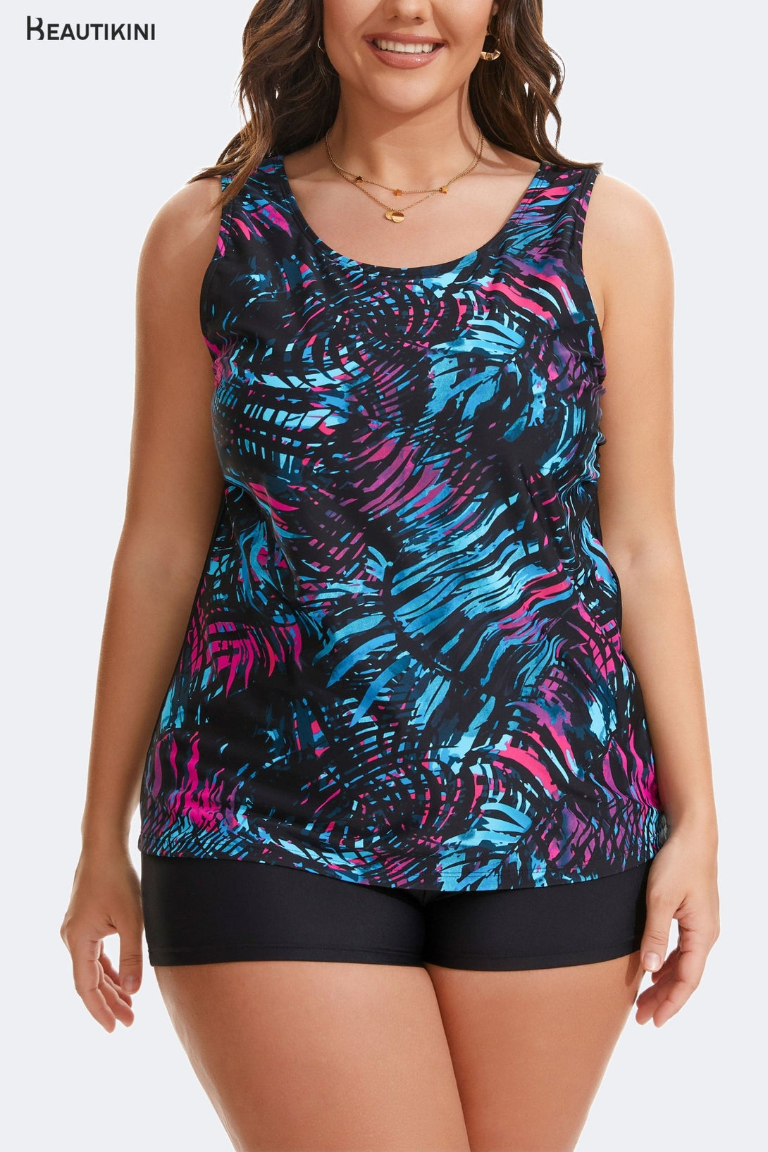 BEAUTIKINI Women's Colorful Tankini Set with Black Shorts - Stylr