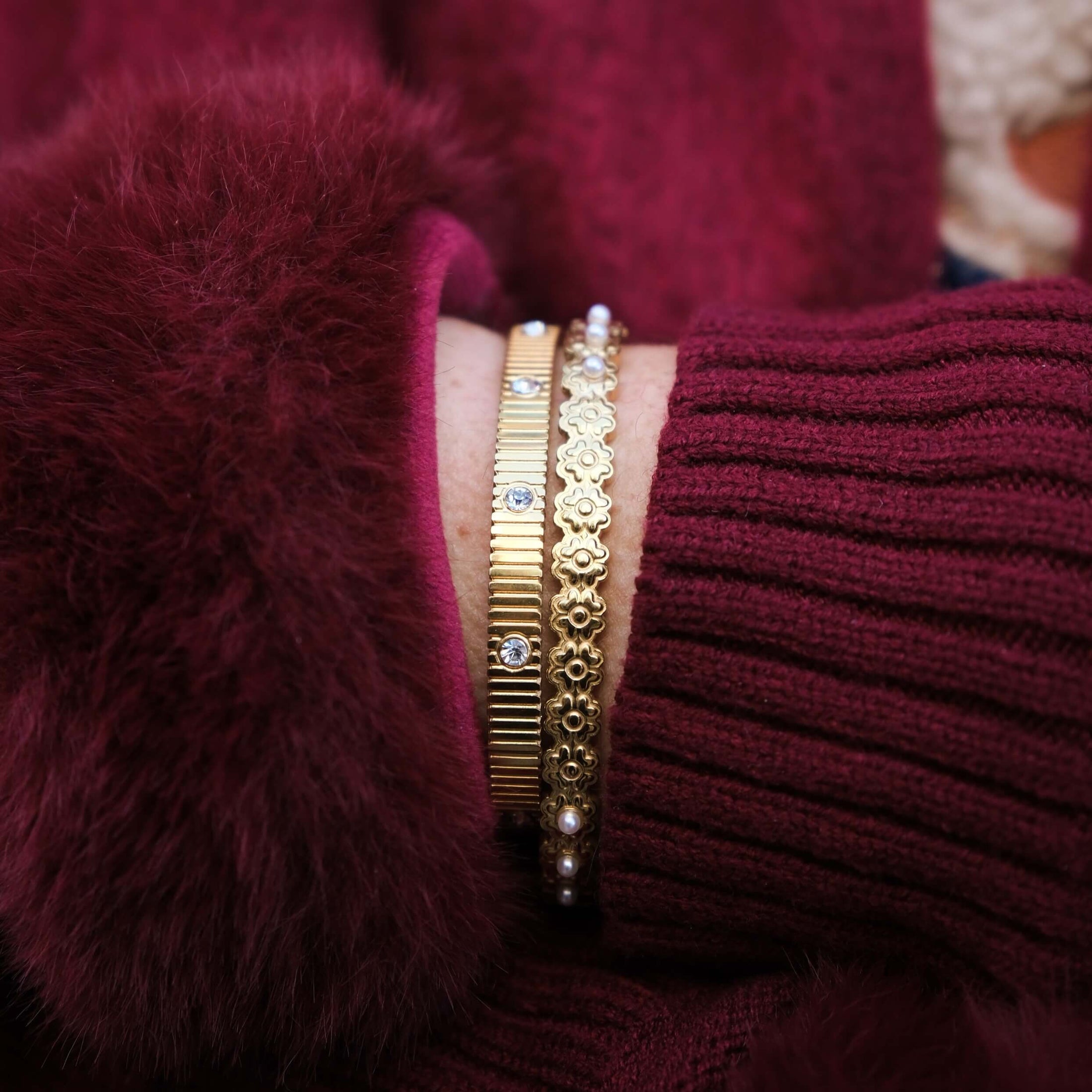 Waterproof Ribbed Crystal Bangle Bracelet, 18k gold-plated stainless steel
