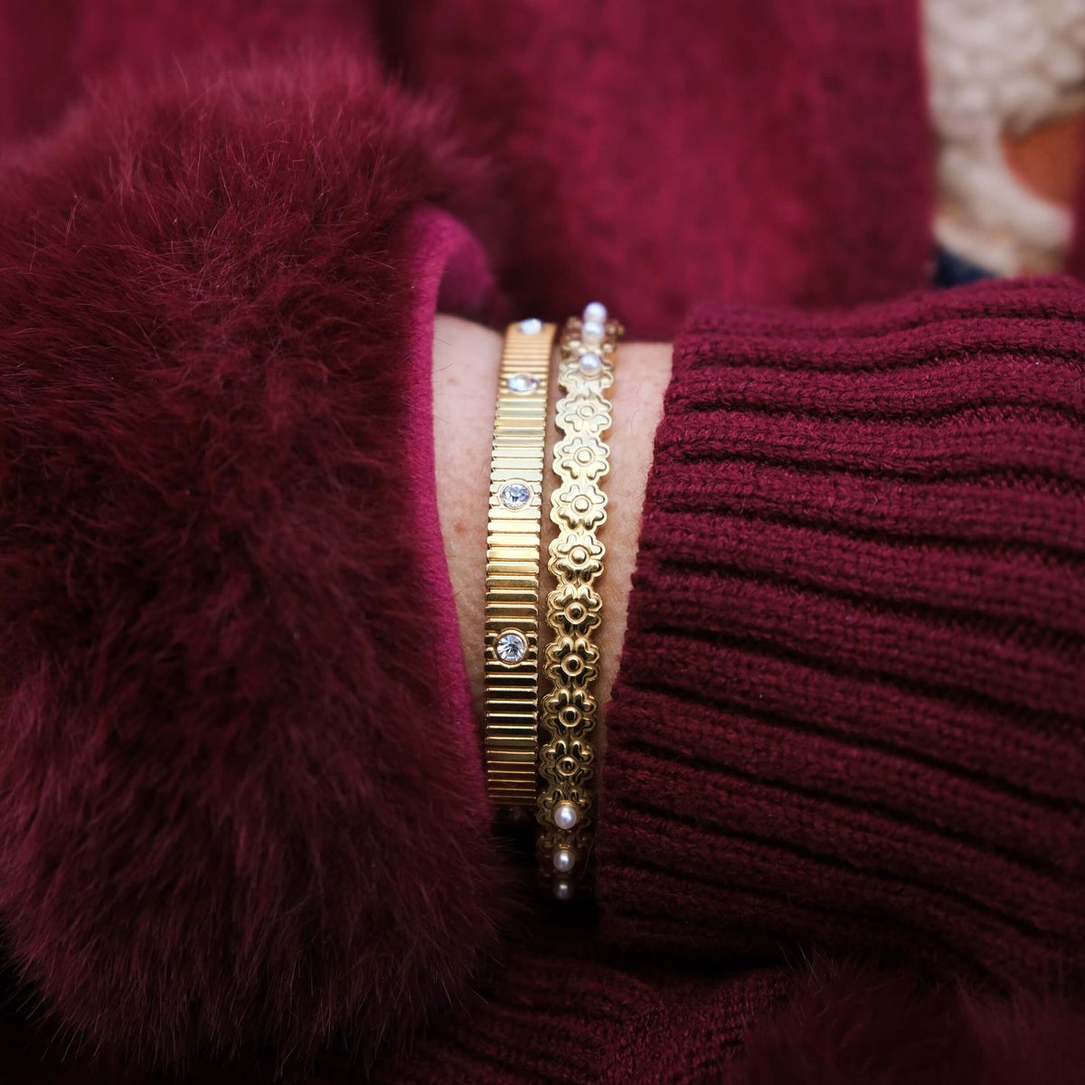 Waterproof Pearl Bangle Bracelet, 18k gold-plated stainless steel