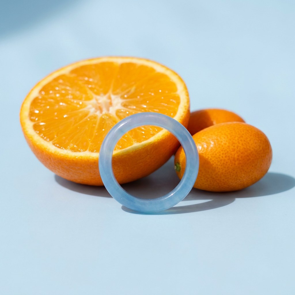 Blue Jade Band Ring on a pale blue backdrop beside a halved orange and two kumquats