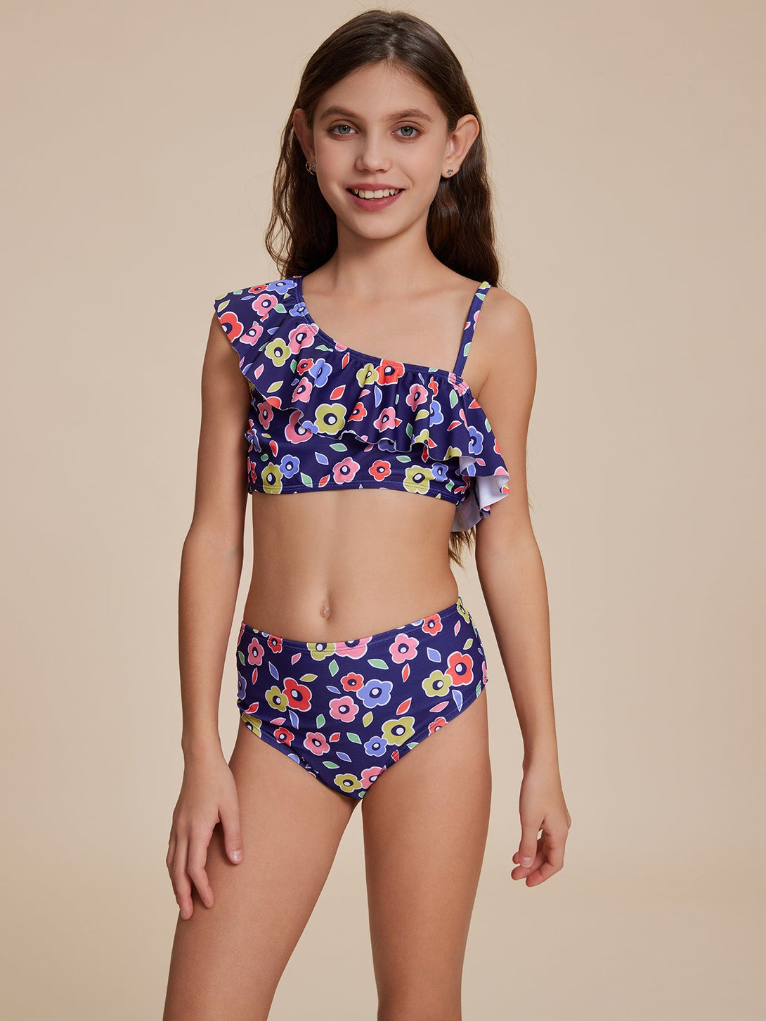 Blue Ruffled One - Shoulder Bikini - Stylr