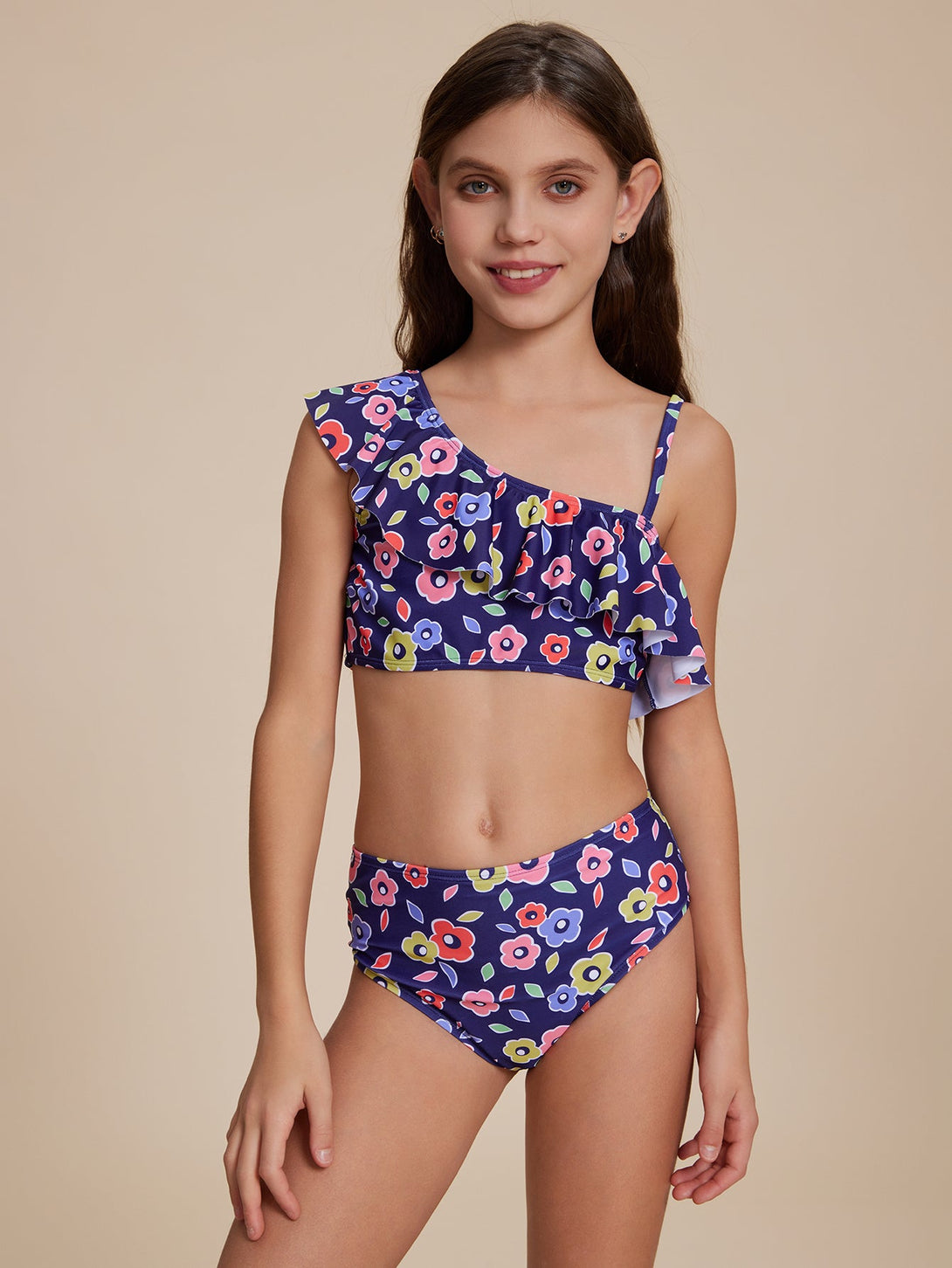 Blue Ruffled One - Shoulder Bikini - Stylr