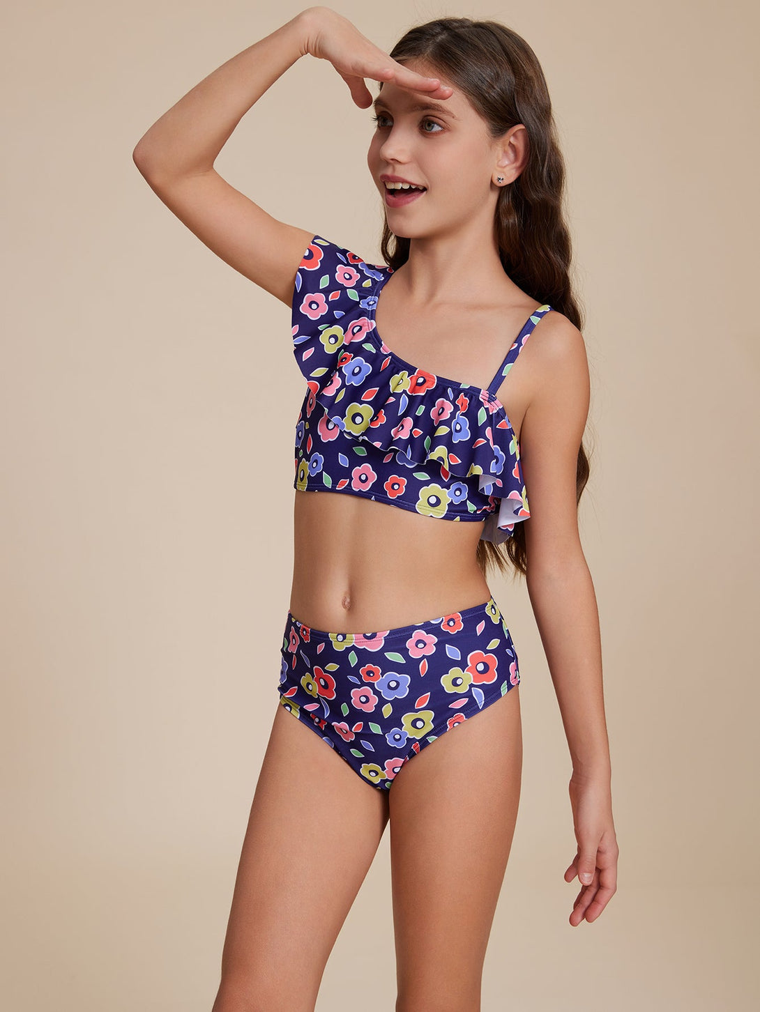 Blue Ruffled One - Shoulder Bikini - Stylr