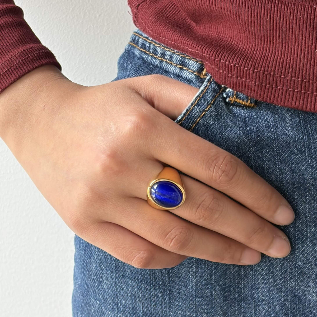 Waterproof Gold Plated Chunky Cats Eye Ring, 18k gold-plated stainless steel