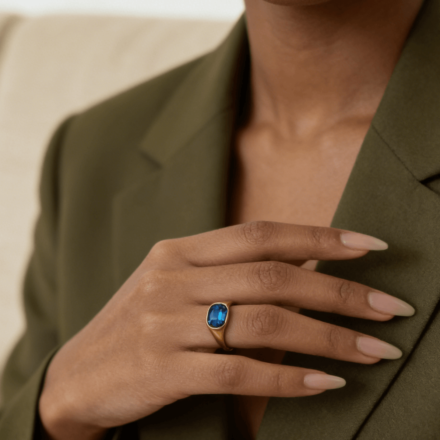 Blue Emerald Cut Ring, waterproof 18k gold-plated stainless steel