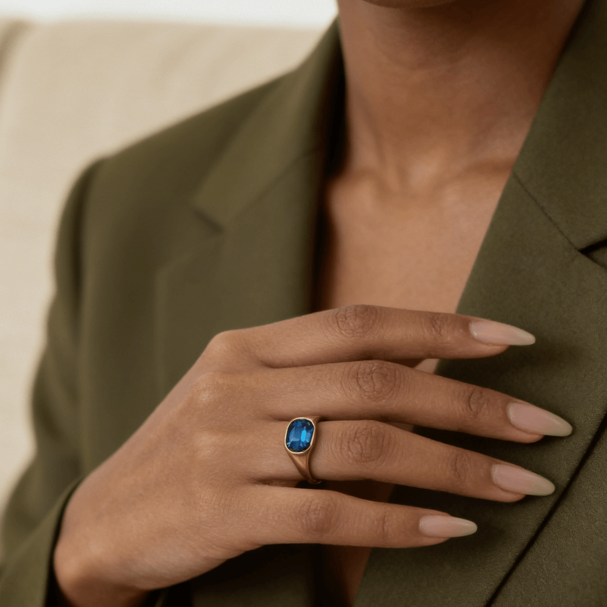 Blue Emerald Cut Ring, waterproof 18k gold-plated stainless steel