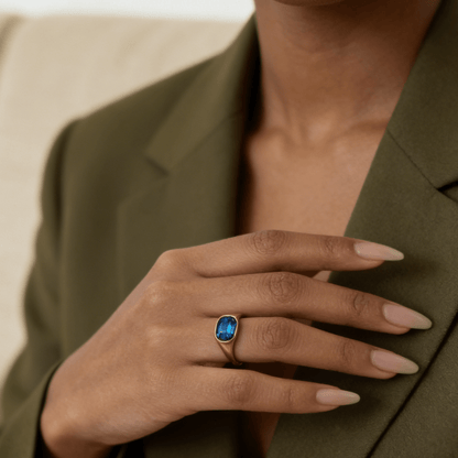 Blue Emerald Cut Ring, waterproof 18k gold-plated stainless steel