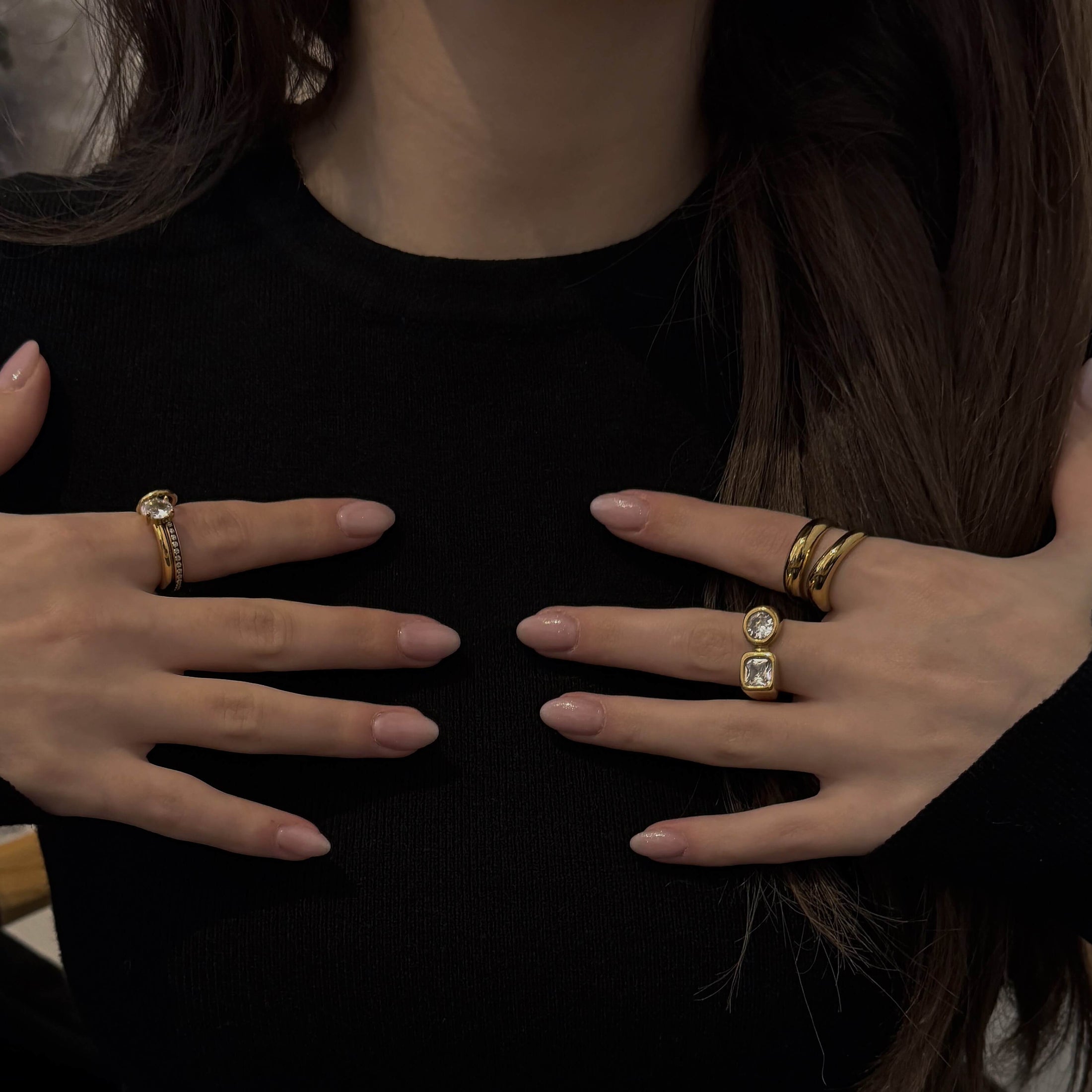 Oval Pave Duo Ring Set, waterproof 18k gold-plated stainless steel