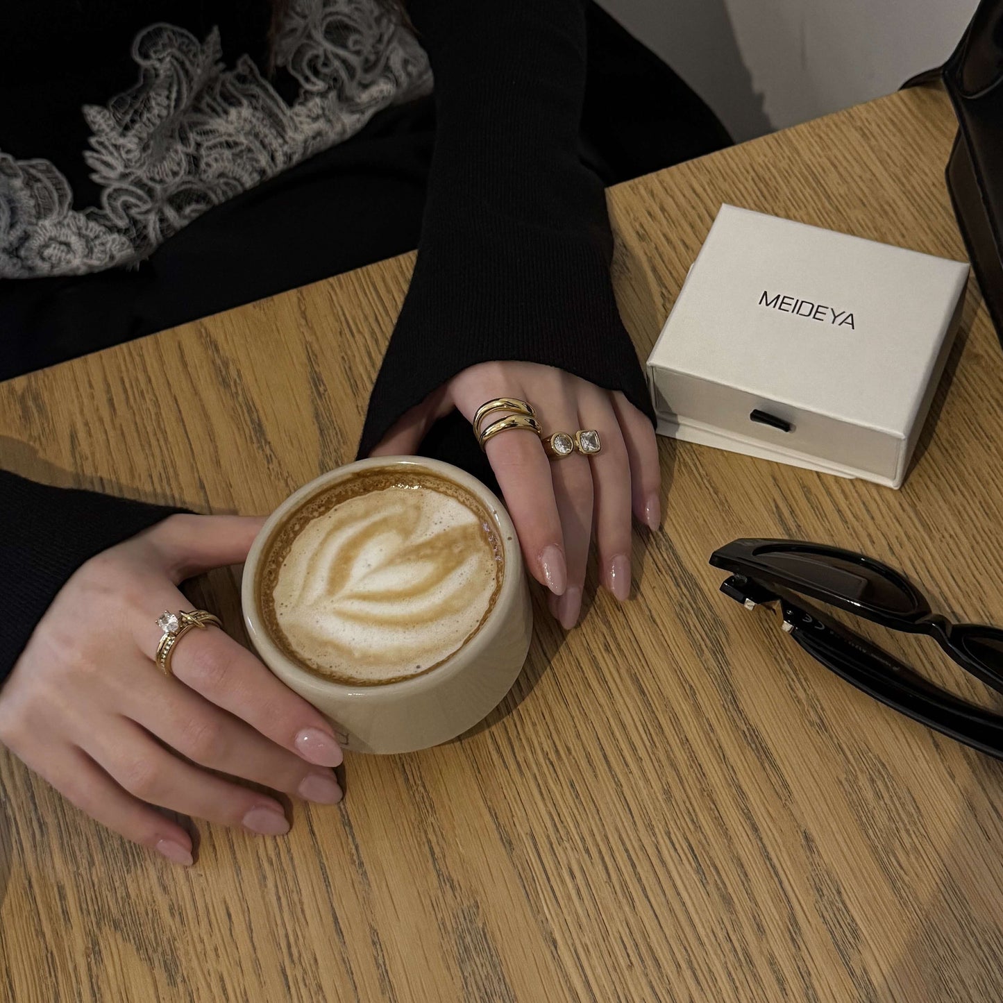 Meideya Oval Pave Duo Ring Set, waterproof 18k gold-plated stainless steel