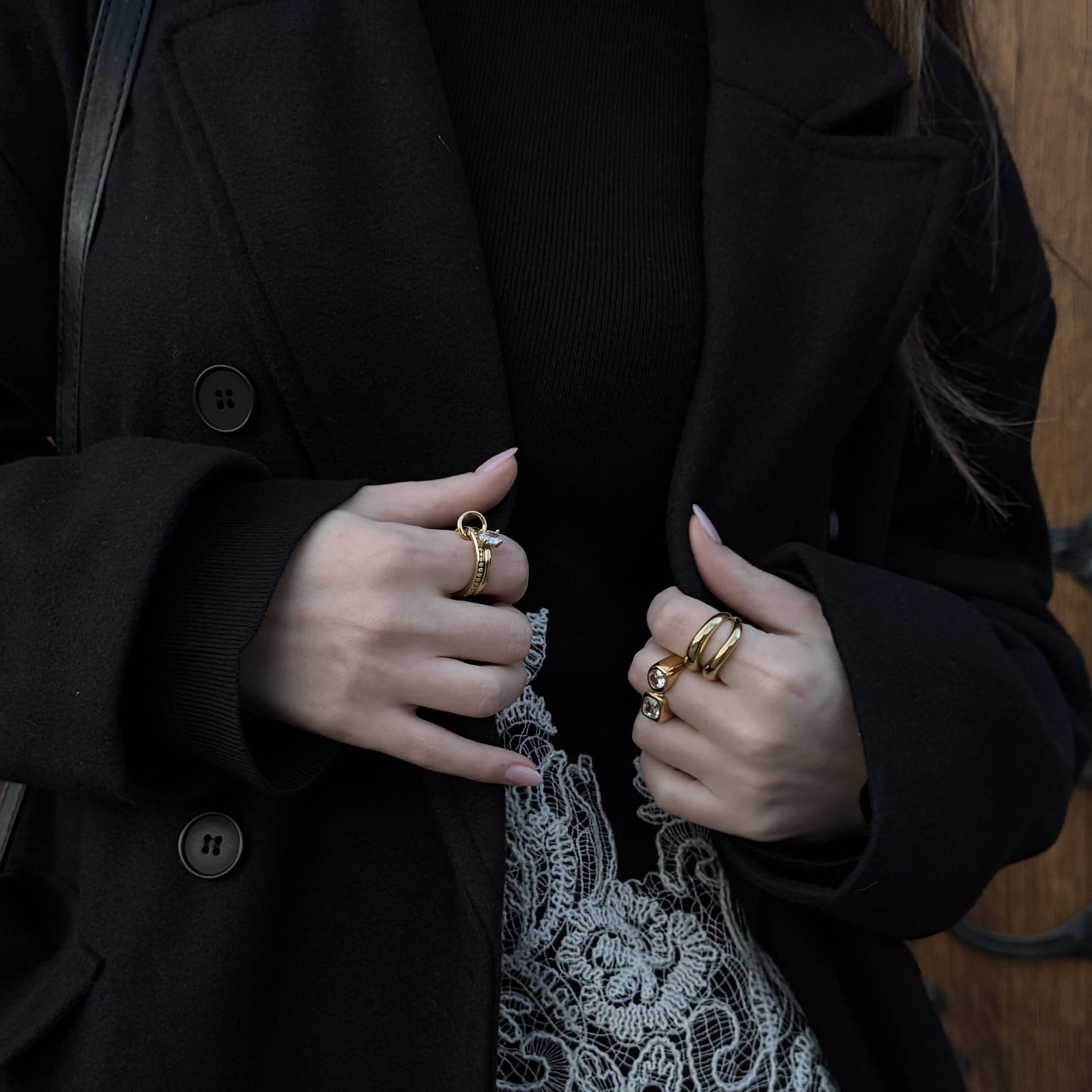 Oval Pave Duo Ring Set, waterproof 18k gold-plated stainless steel