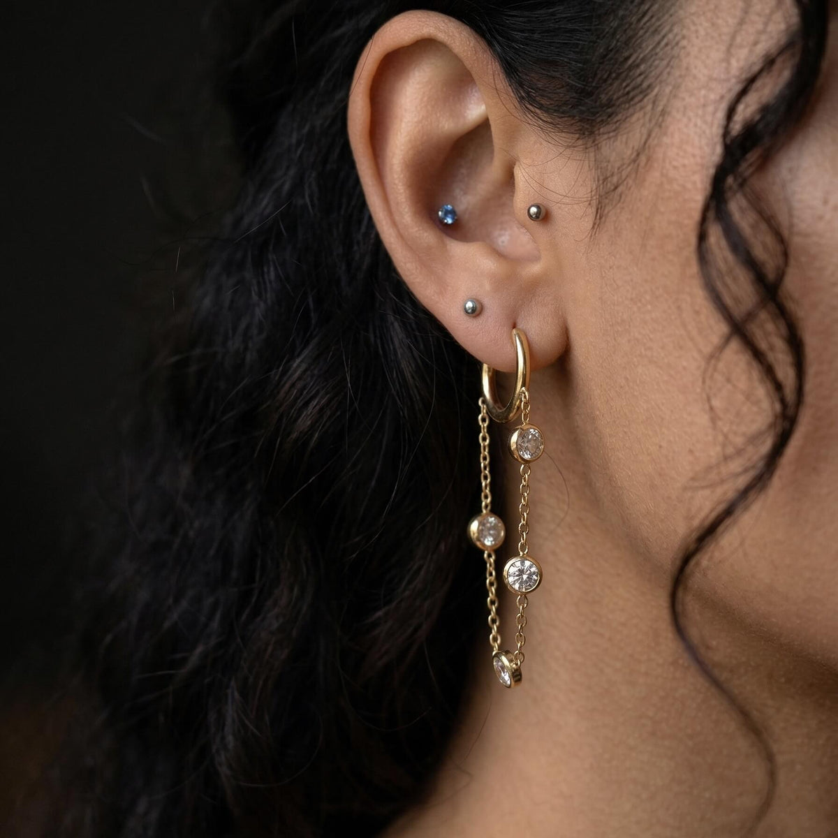 Crystal Chain Hoop Earrings, waterproof 18k gold-plated stainless steel