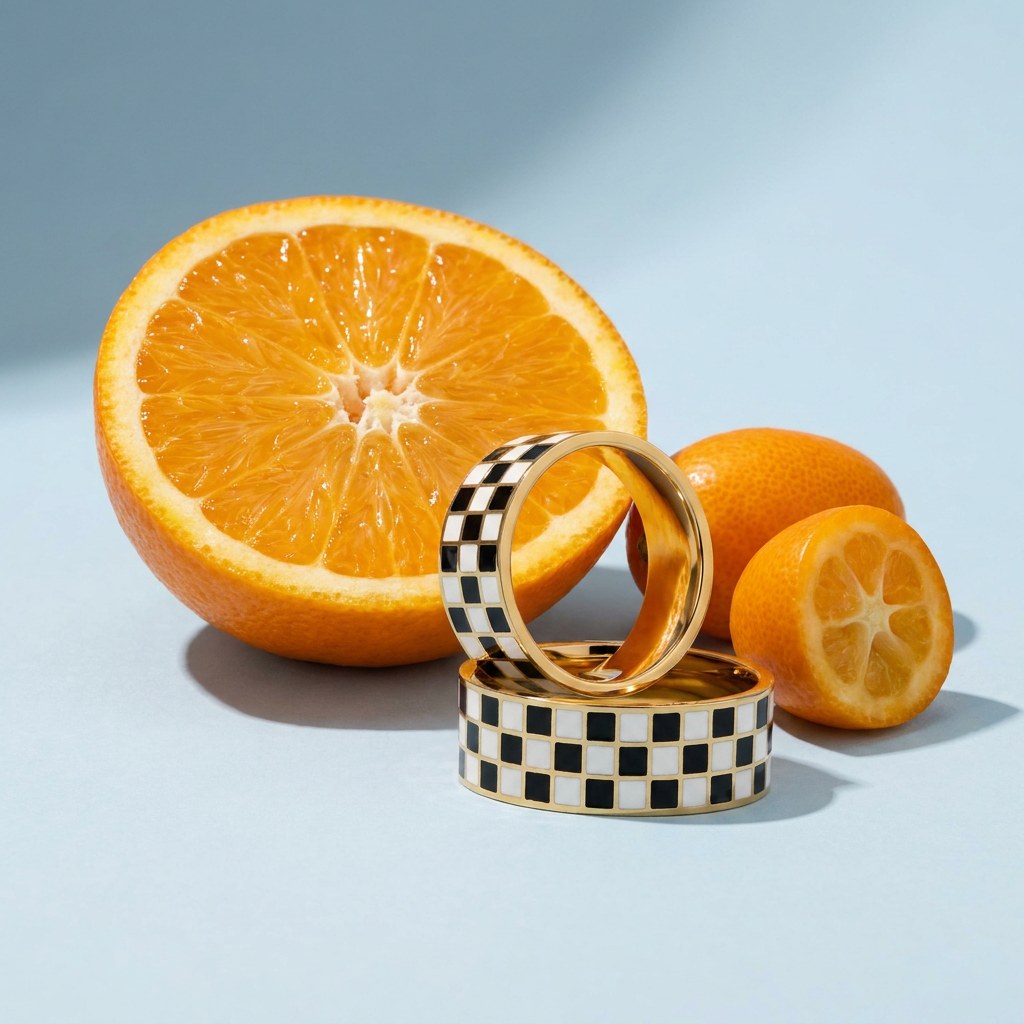Checkboard Band Ring on a pale blue backdrop beside a halved orange and two kumquats