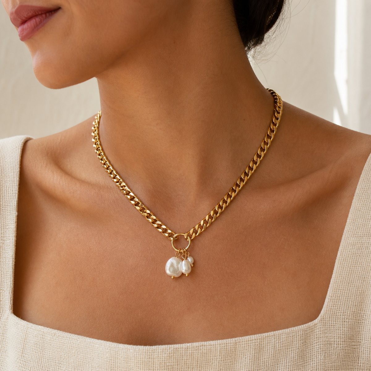 Chunky Baroque Pearl Necklace - Waterproof 18K Gold Plated worn — 18k gold-plated 316L stainless steel, water-resistant