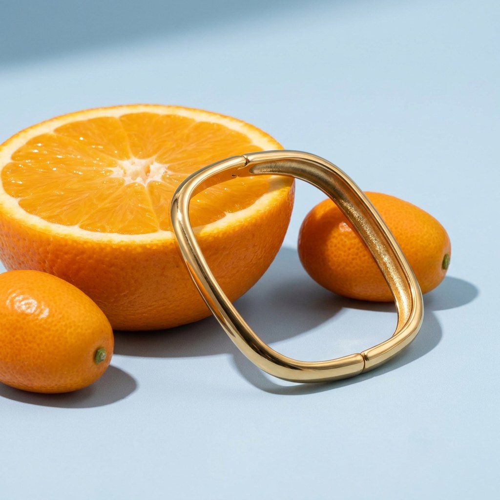 Chunky Square Bangle on a pale blue backdrop beside a halved orange and two kumquats